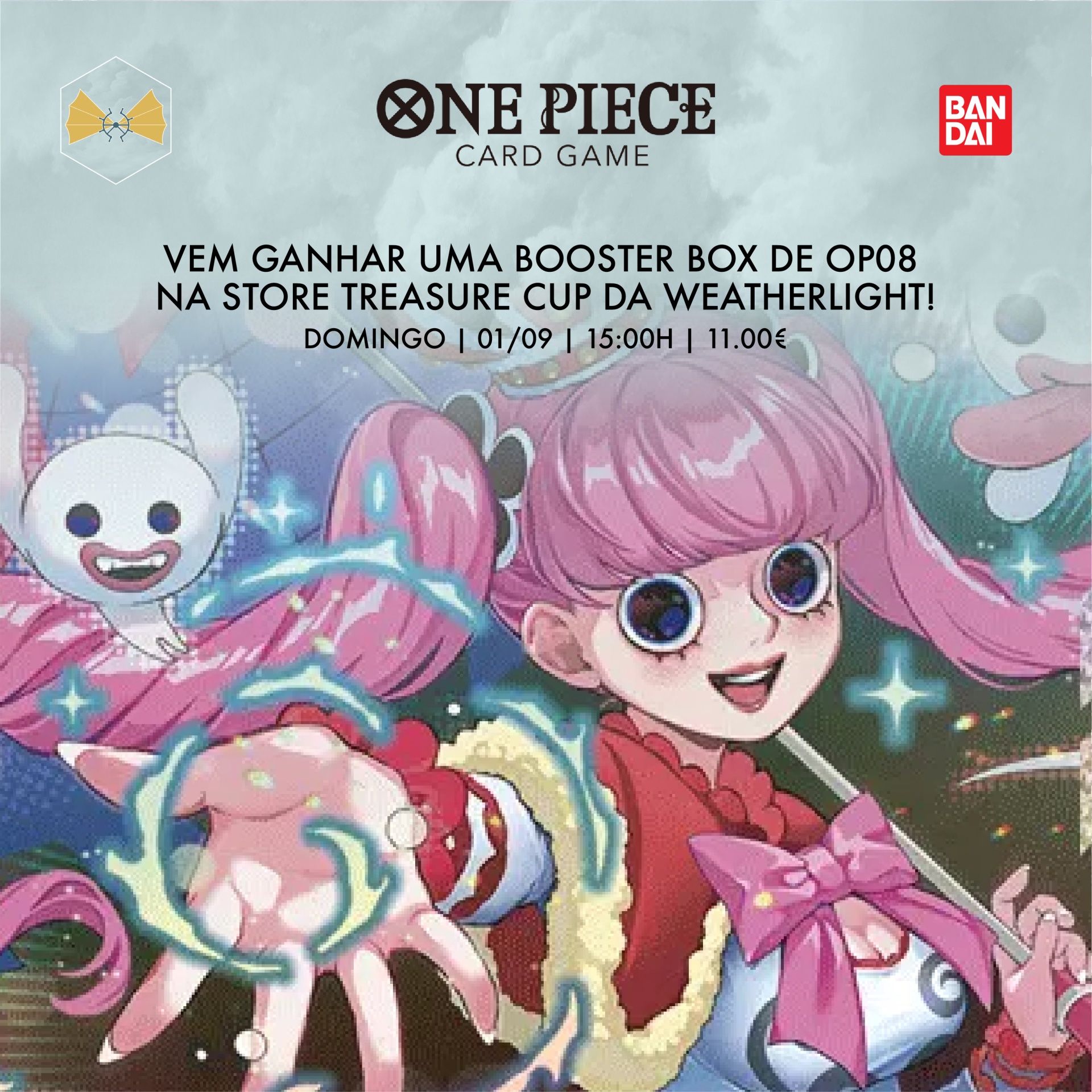 Promoção One Piece Card Game com personagem rosa e oferta de booster box OP08
