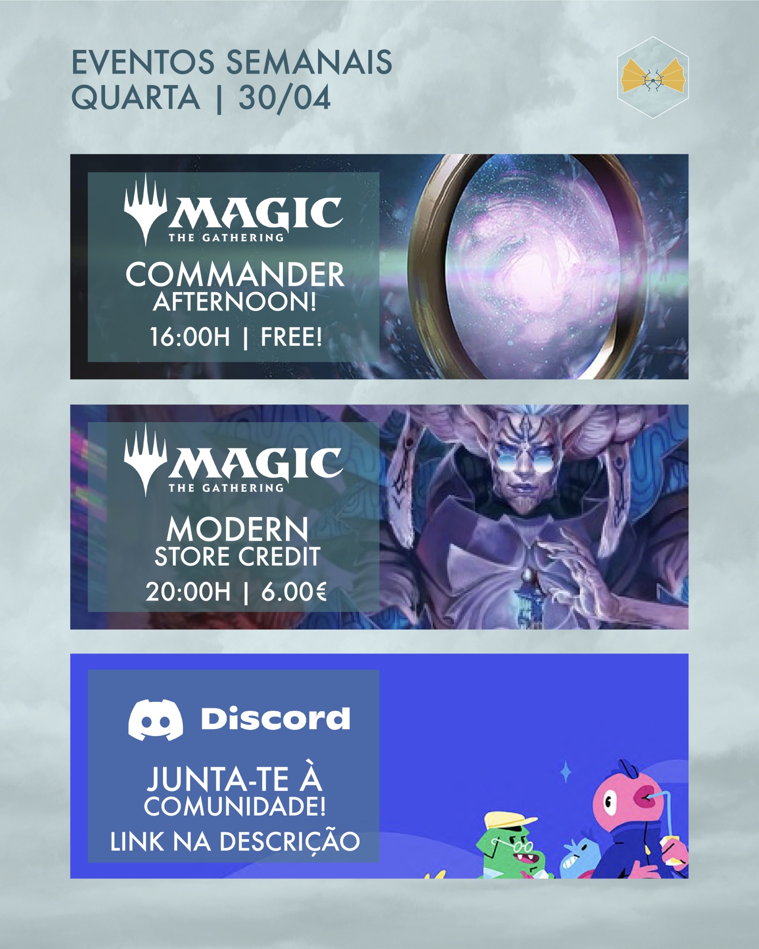 Cartaz digital de eventos Magic the Gathering e convite para comunidade Discord