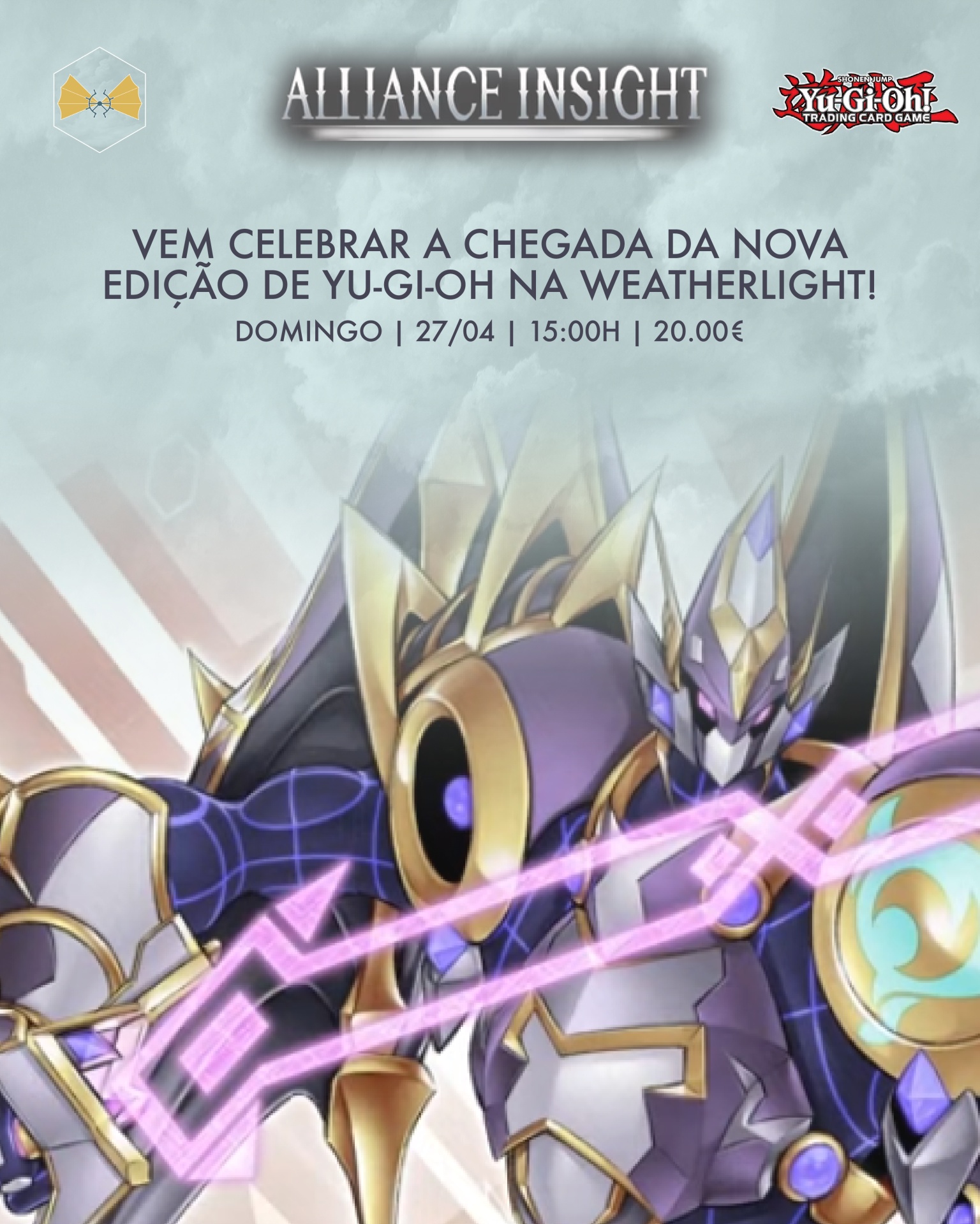 Cartaz promocional Yu-Gi-Oh com personagem robótica e texto do evento