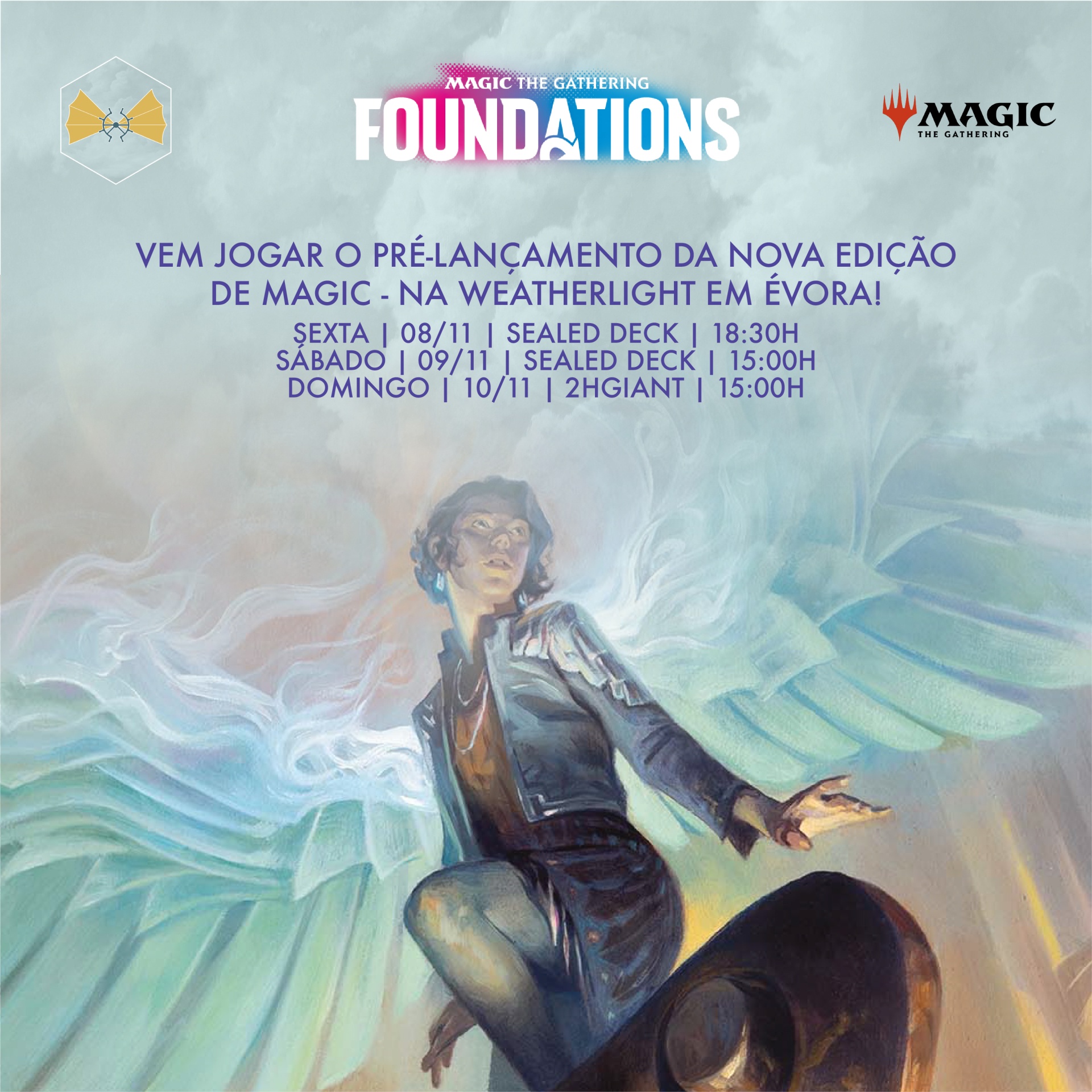 Cartaz promocional Magic The Gathering Foundations com figura com asas e texto de evento