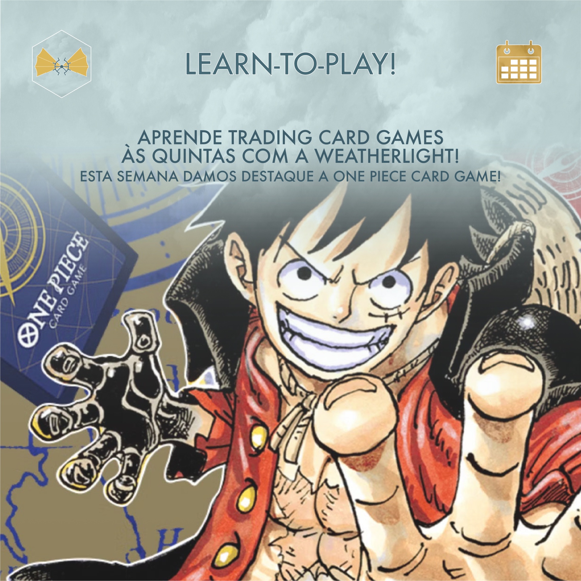 Promoção do jogo de cartas One Piece Card Game com personagem de desenho animado e texto em português e inglês