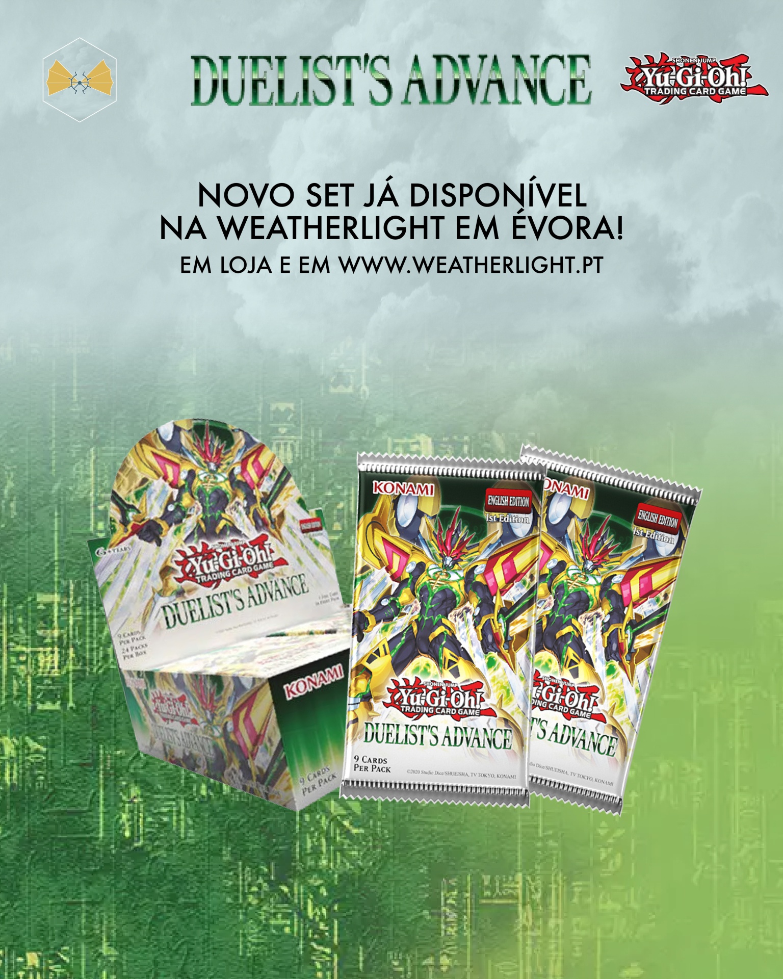 Pacotes do set 'Duelist's Advance' do jogo Yu-Gi-Oh! exibidos em fundo verde com texto promocional em português.
