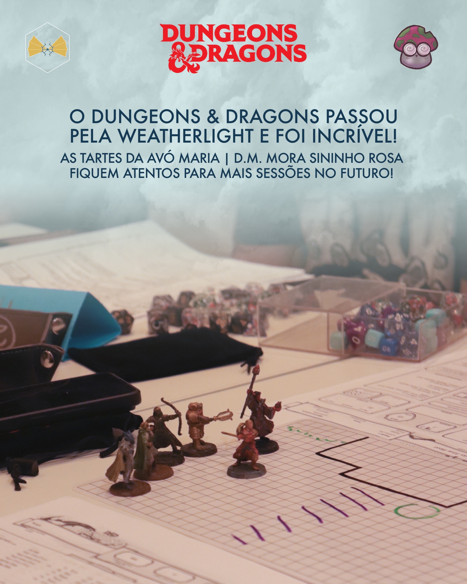Miniaturas de Dungeons & Dragons, dados coloridos e documentos de jogo numa mesa
