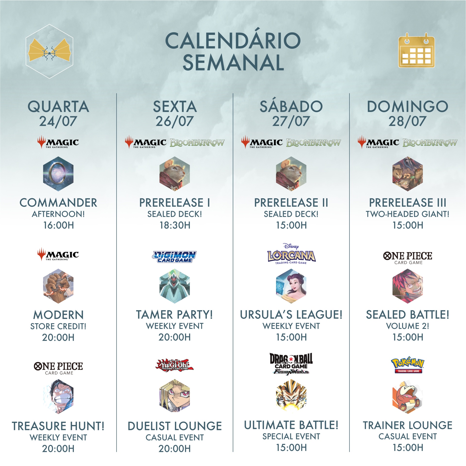 Calendário semanal de eventos de jogos com datas, nomes de jogos e horários