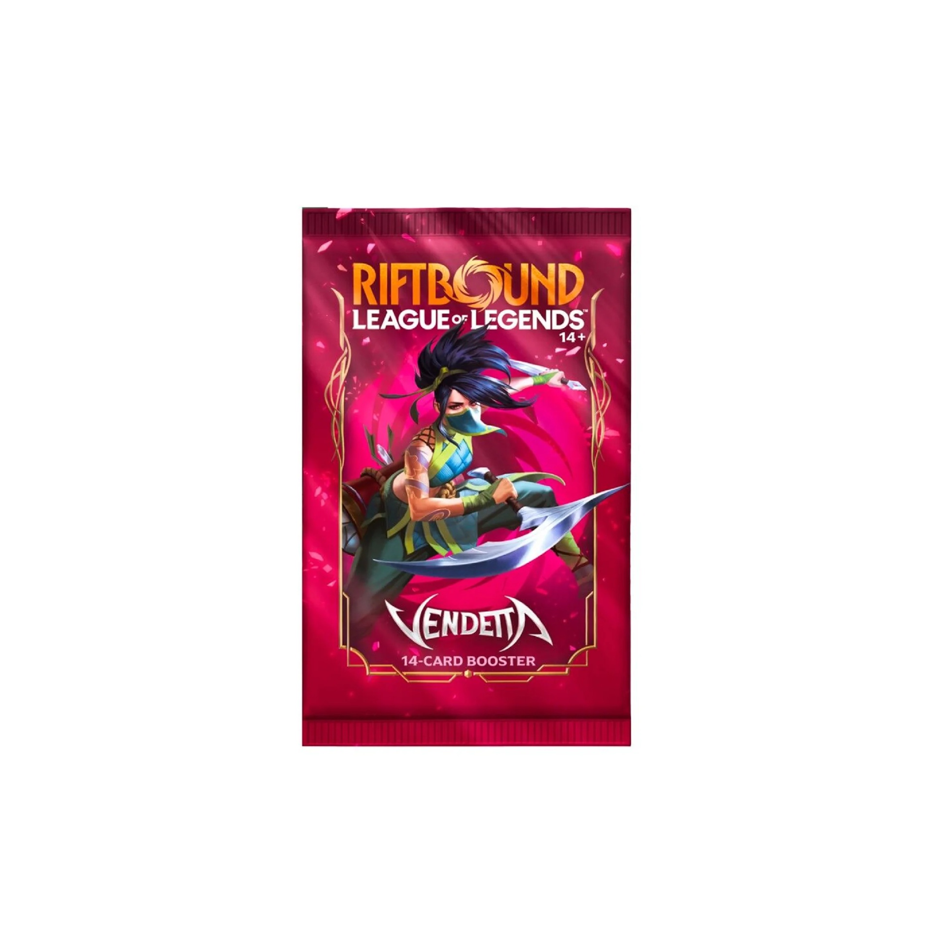 Riftbound: League of Legends TCG - Vendetta - Booster - EN Pacote booster vermelho do jogo RIFTBOUND LEAGUE OF LEGENDS com personagem Vendetta