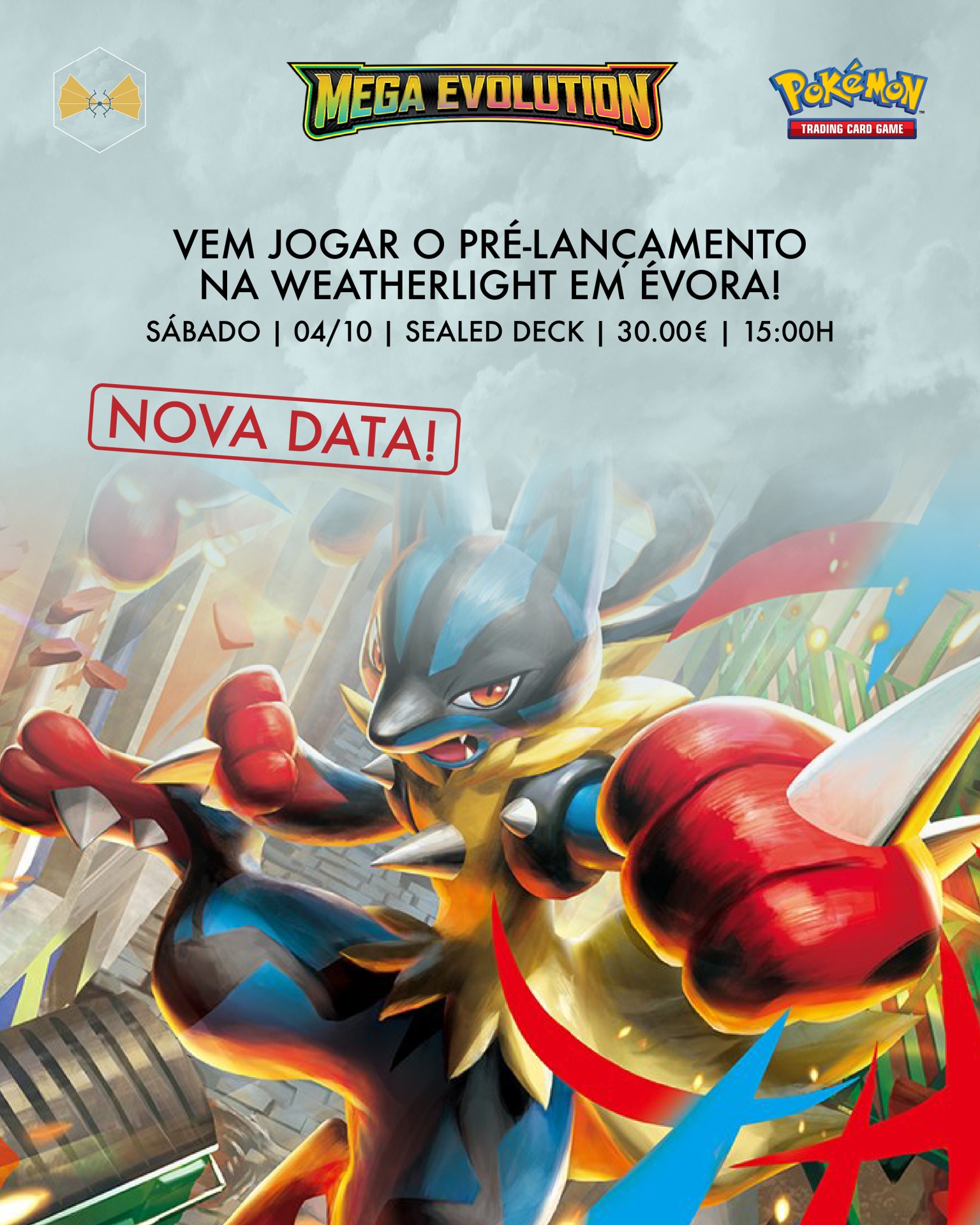 Cartaz promocional Pokémon Mega Evolution com personagem em ação e texto em português sobre pré-lançamento em Évora.