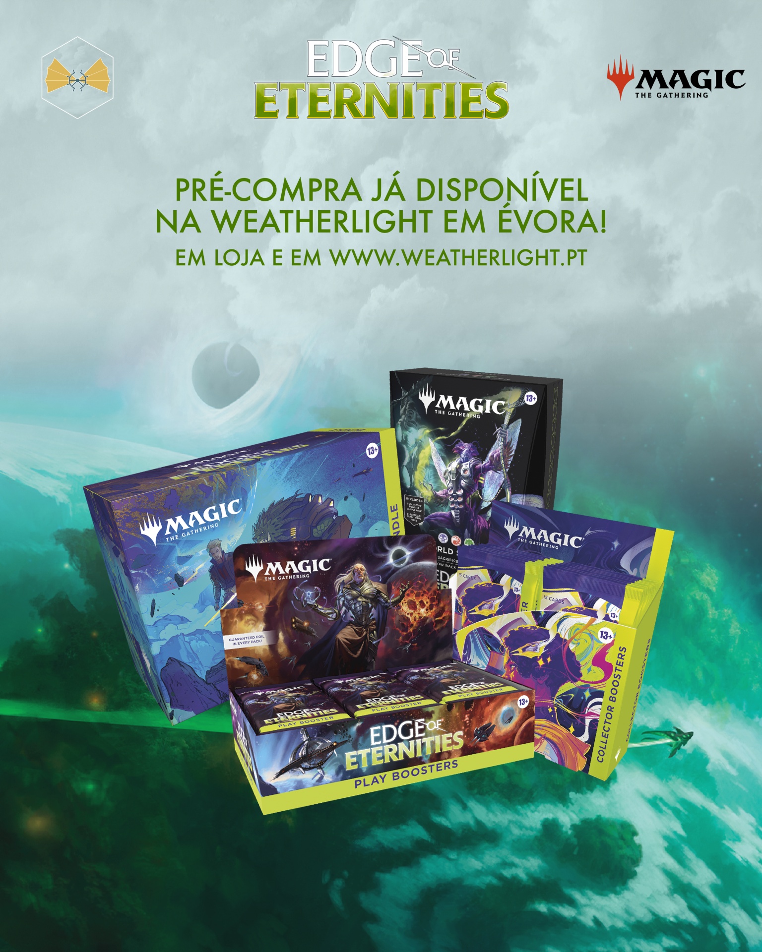 Caixas do jogo Magic: The Gathering coleção Edge of Eternities com texto promocional sob fundo azul-esverdeado.