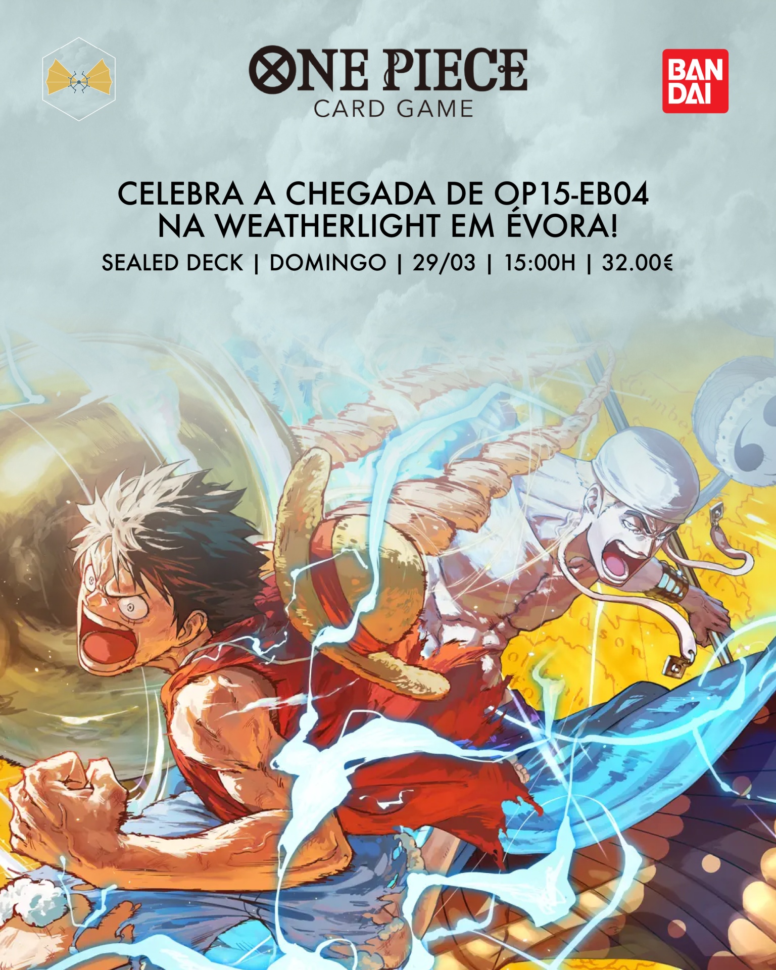 Poster promocional do jogo de cartas ONE PIECE com personagens e texto do evento em Évora