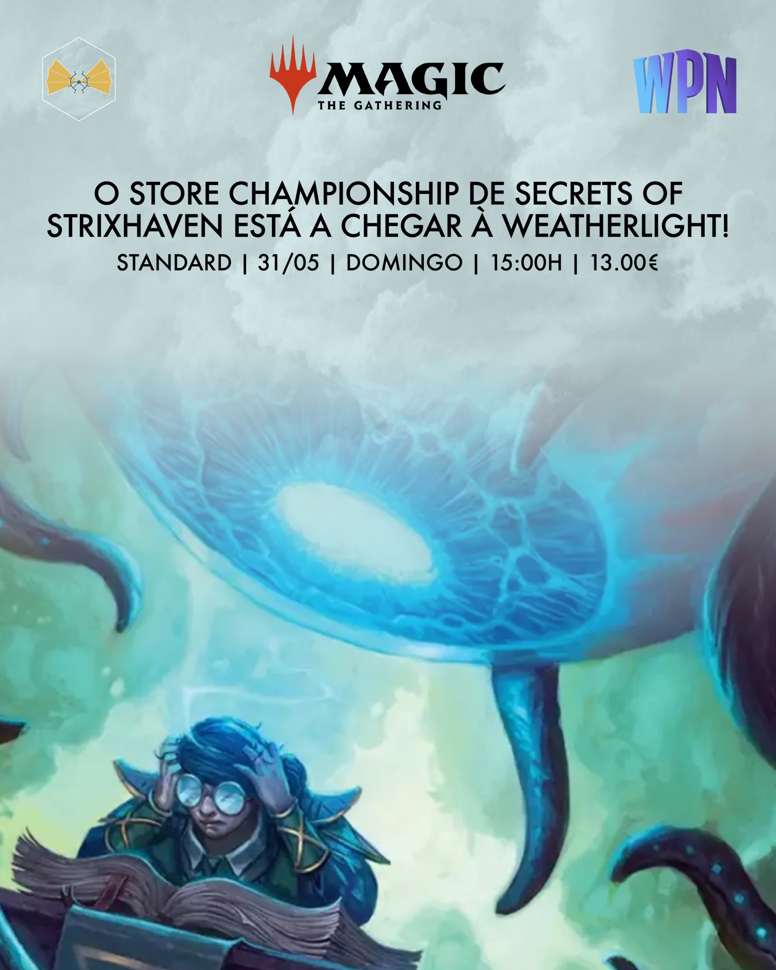 Anúncio do Store Championship Secrets of Strixhaven para Magic: The Gathering com data e preço.