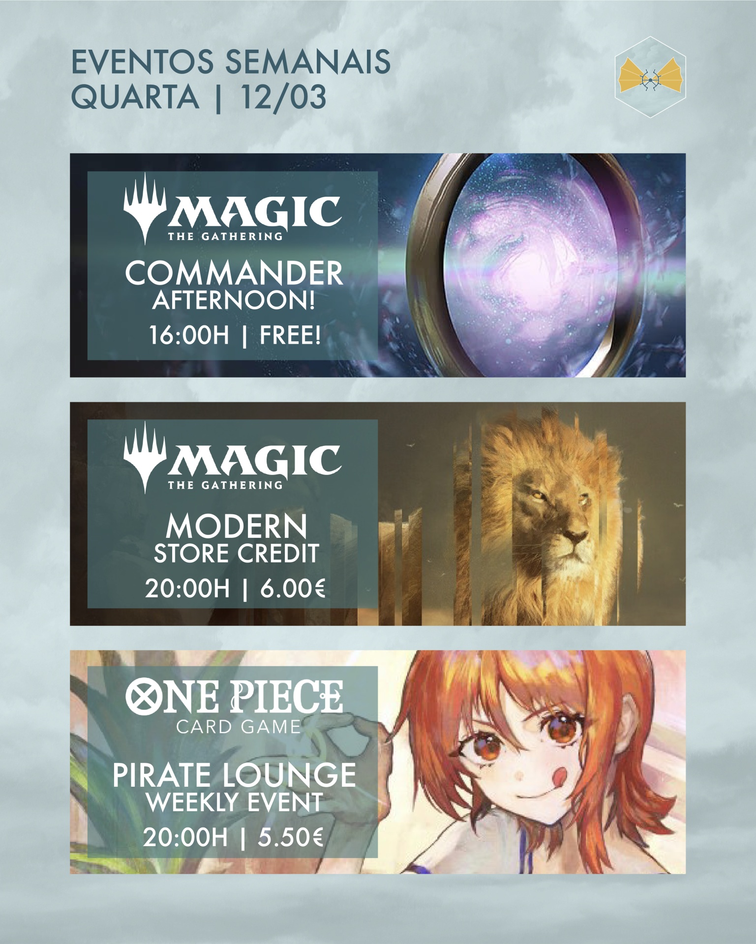 Poster de eventos semanais com jogos Magic The Gathering e One Piece Card Game