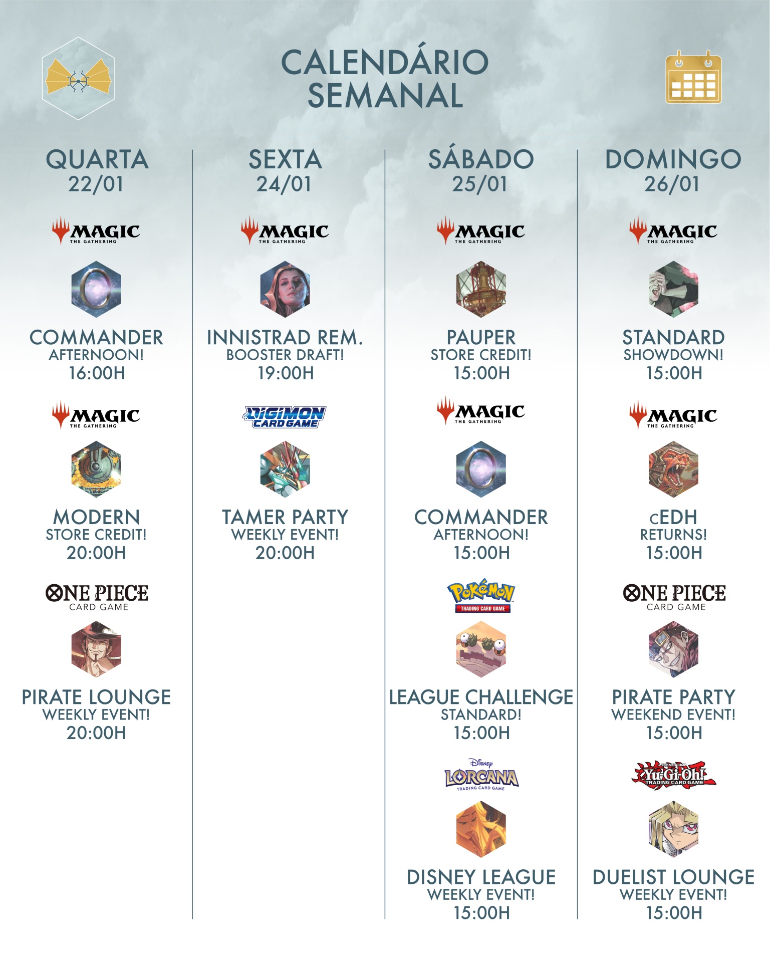 Calendário semanal de eventos para jogos de cartas com datas, horários e logotipos distintos