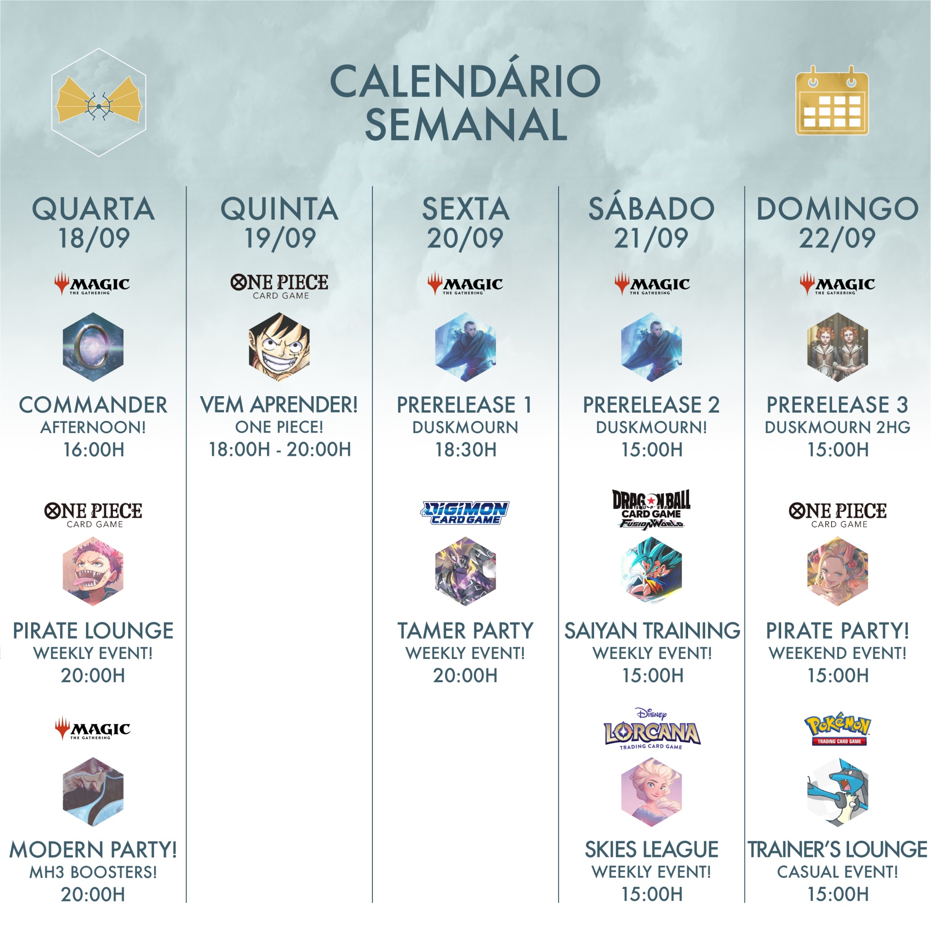 Calendário semanal colorido com eventos de jogos e card games entre 18-22 de setembro