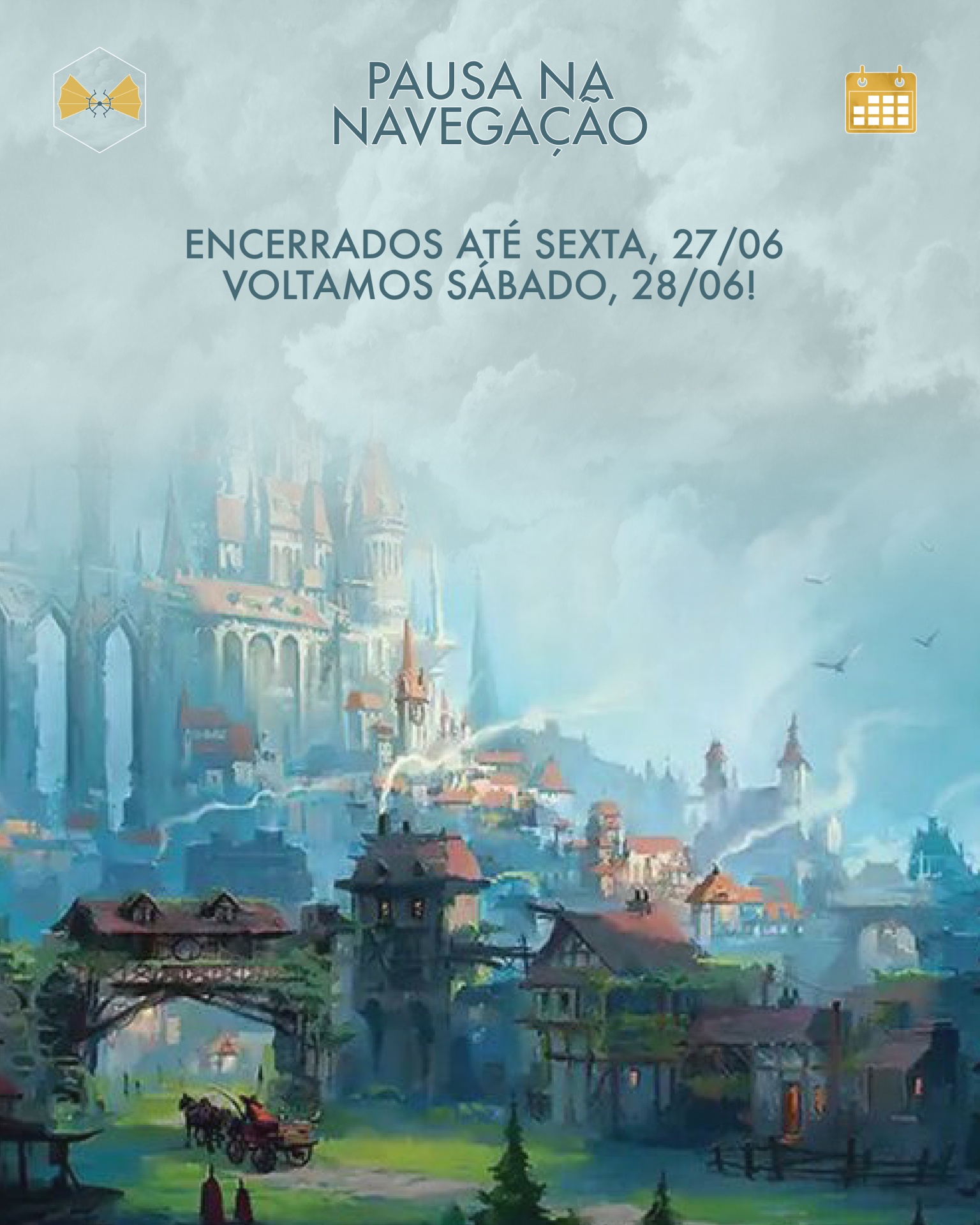 Ilustração digital vila medieval com castelo e texto sobreposto em português