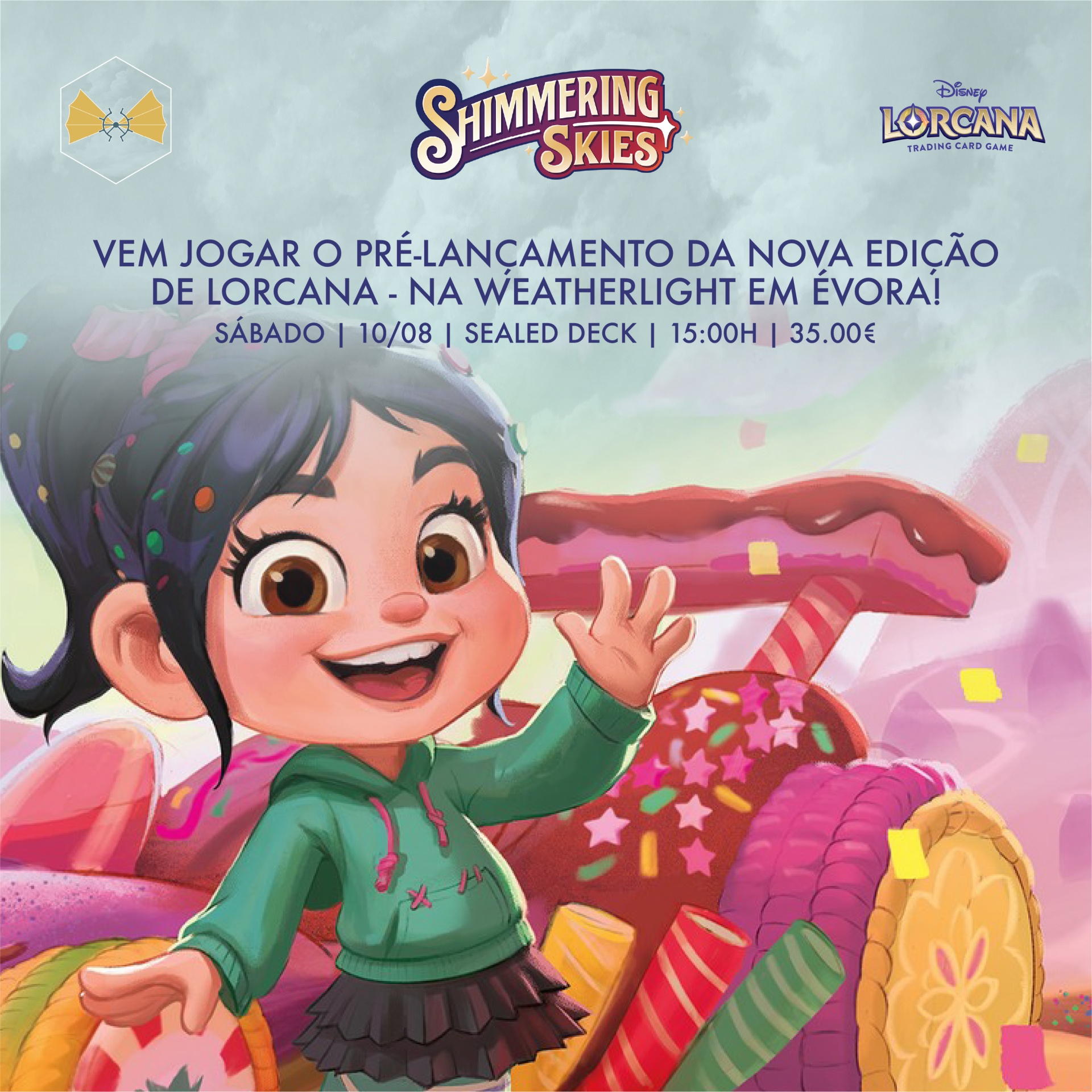 Personagem animada sorridente com doces coloridos ao fundo e texto promocional em português.