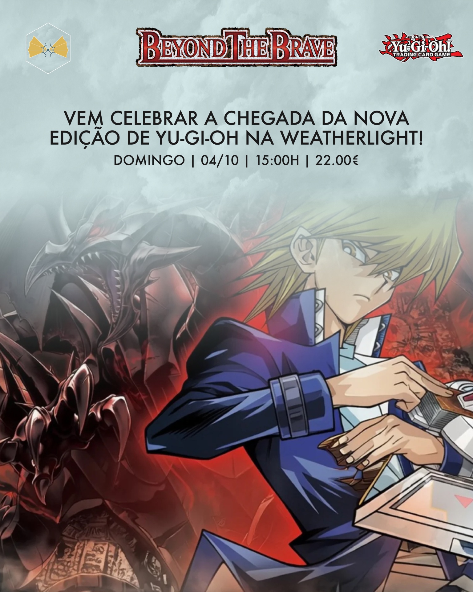 Promoção da nova edição Yu-Gi-Oh! Beyond the Brave com personagem anime e dragão preto.