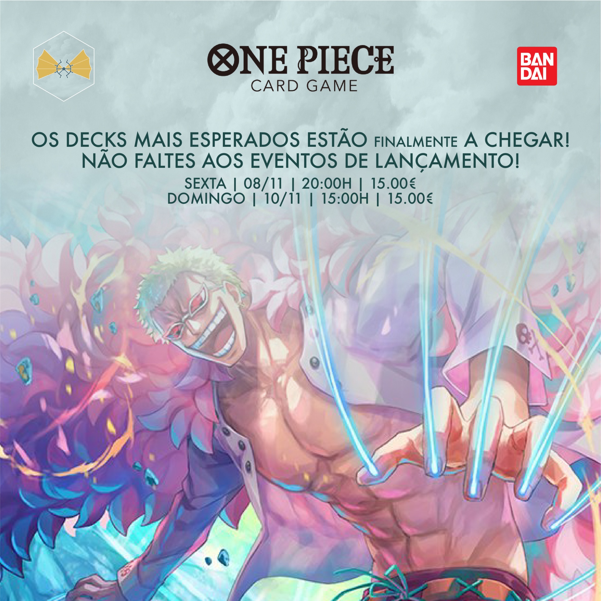 Cartaz promocional do jogo de cartas One Piece da Bandai com personagens animados e texto sobre eventos de lançamento