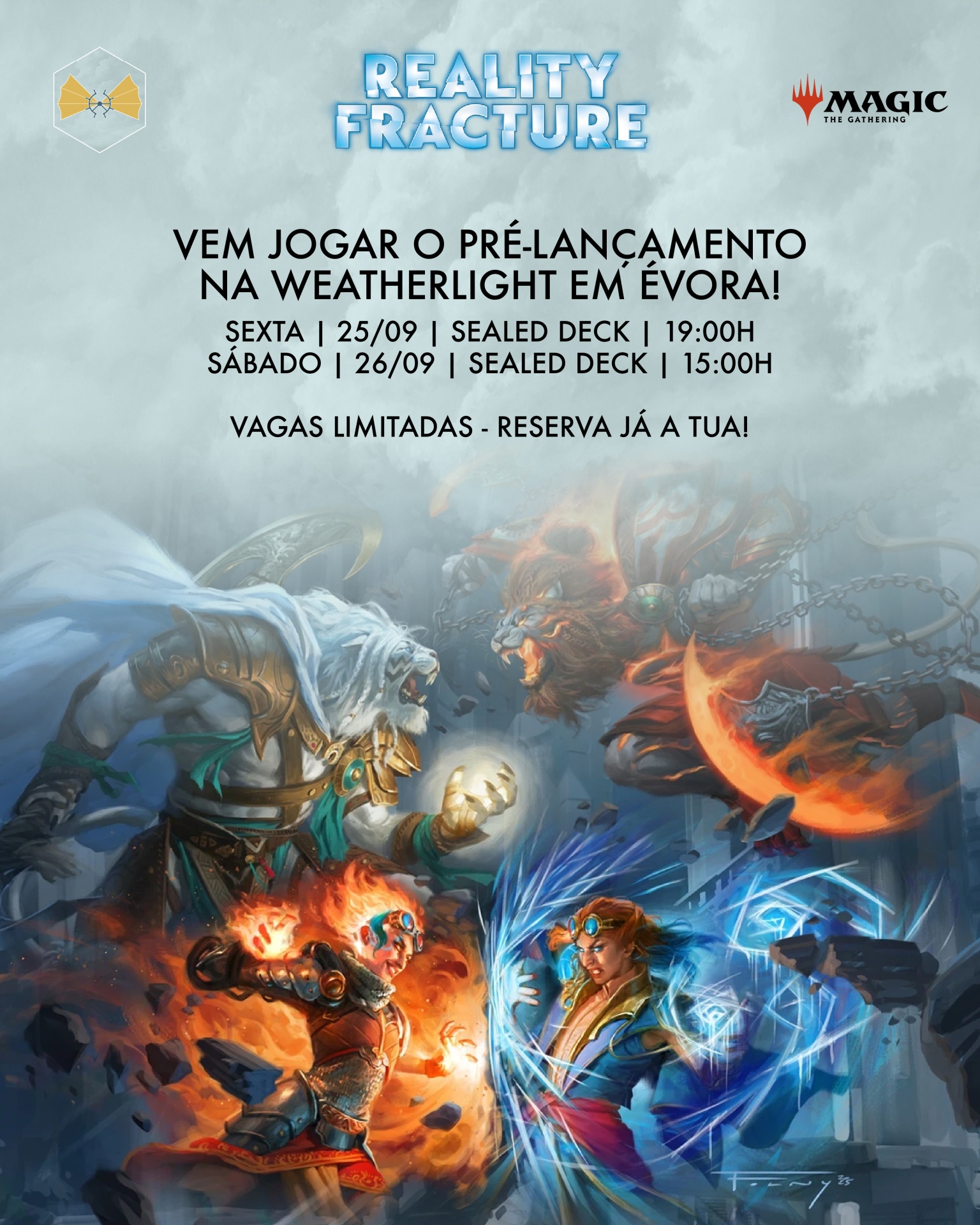Cartaz de pré-lançamento do jogo Magic: The Gathering com texto em português e ilustração de personagens fantásticos em combate.