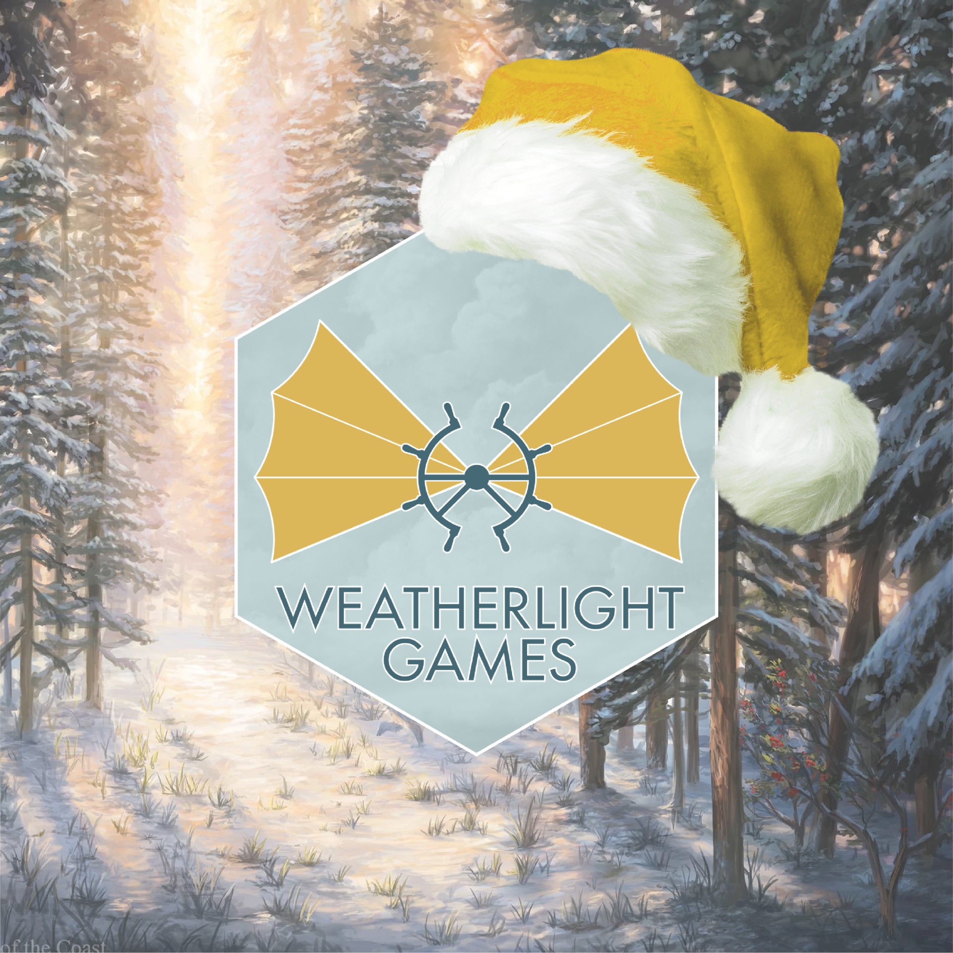 Logotipo Weatherlight Games com gorro amarelo sobre floresta nevada