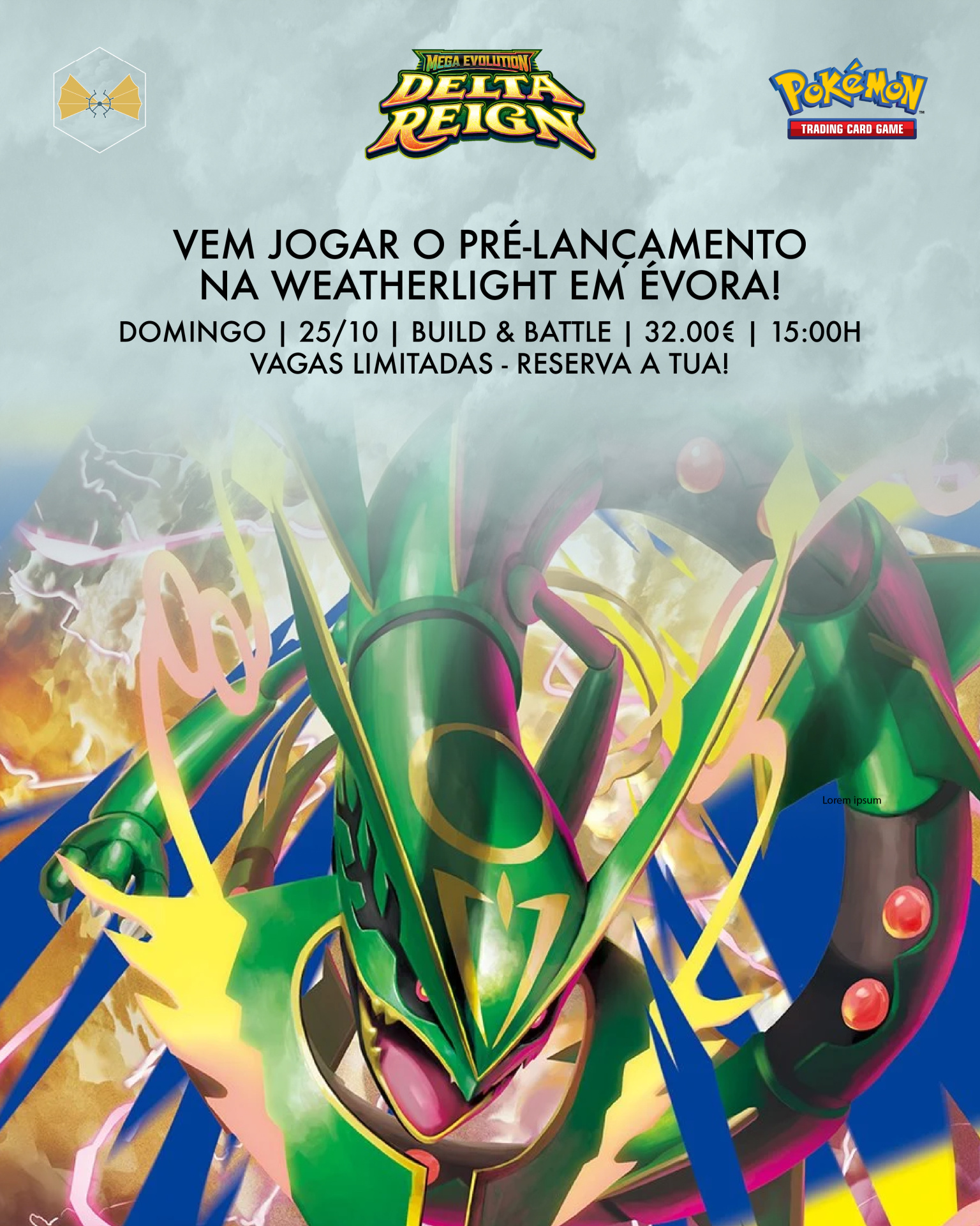 Imagem promocional Pokémon Trading Card Game Mega Evolution Delta Reign com anúncio de pré-lançamento em Évora.