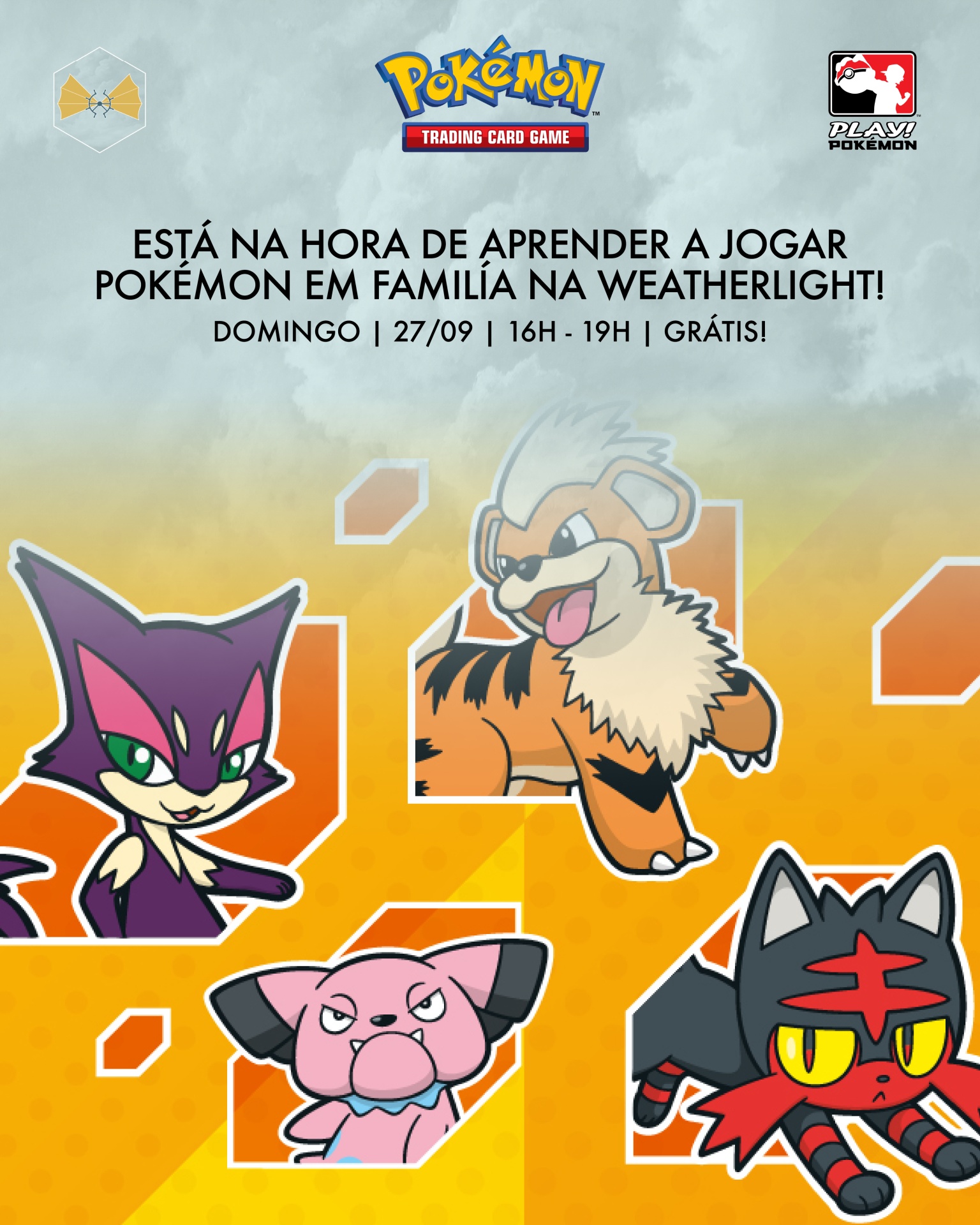 Promoção para evento gratuito de Pokémon Trading Card Game com personagens Pokémon coloridos e texto em português.