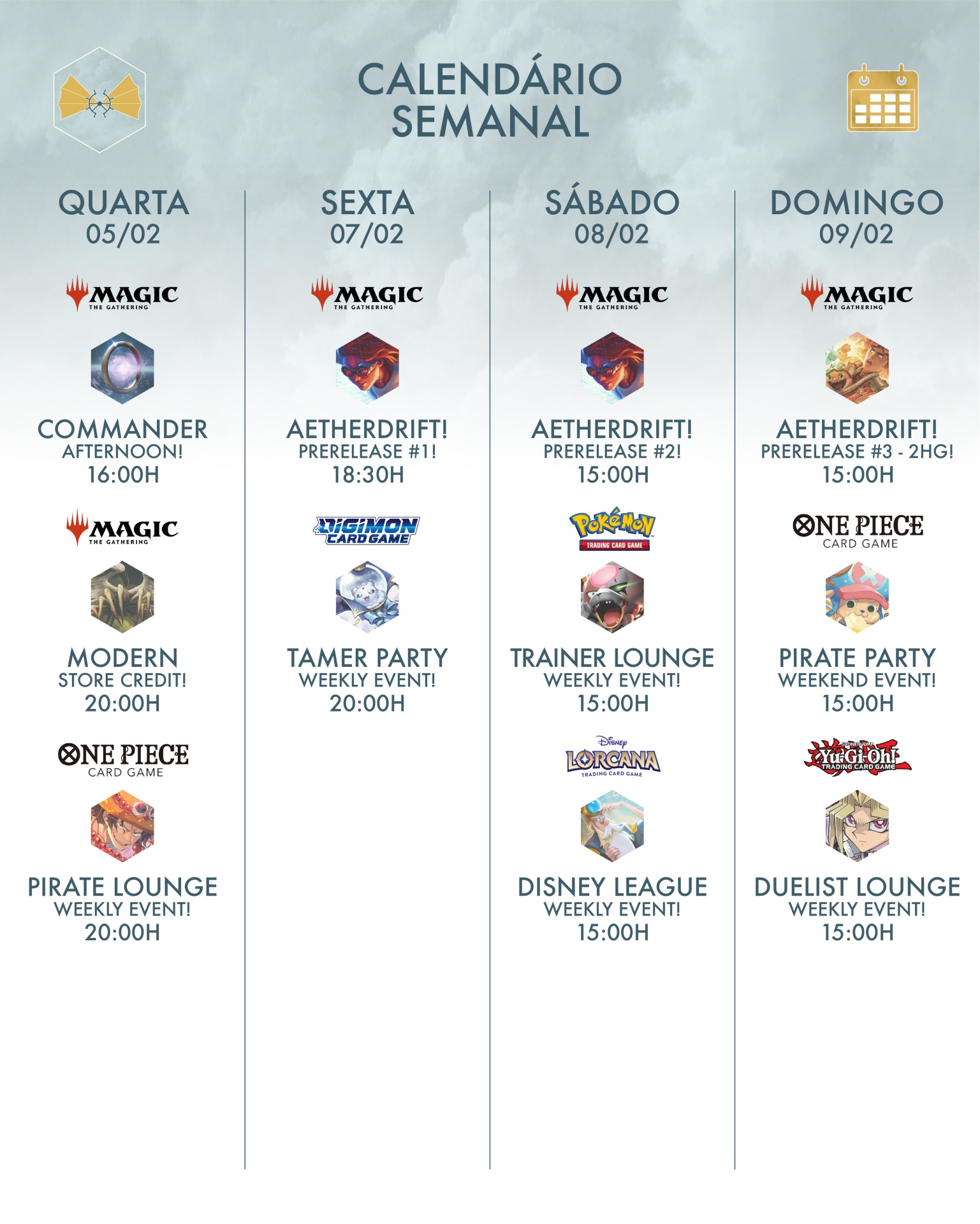 Calendário semanal com eventos de jogos e torneios de 05 a 09 de fevereiro