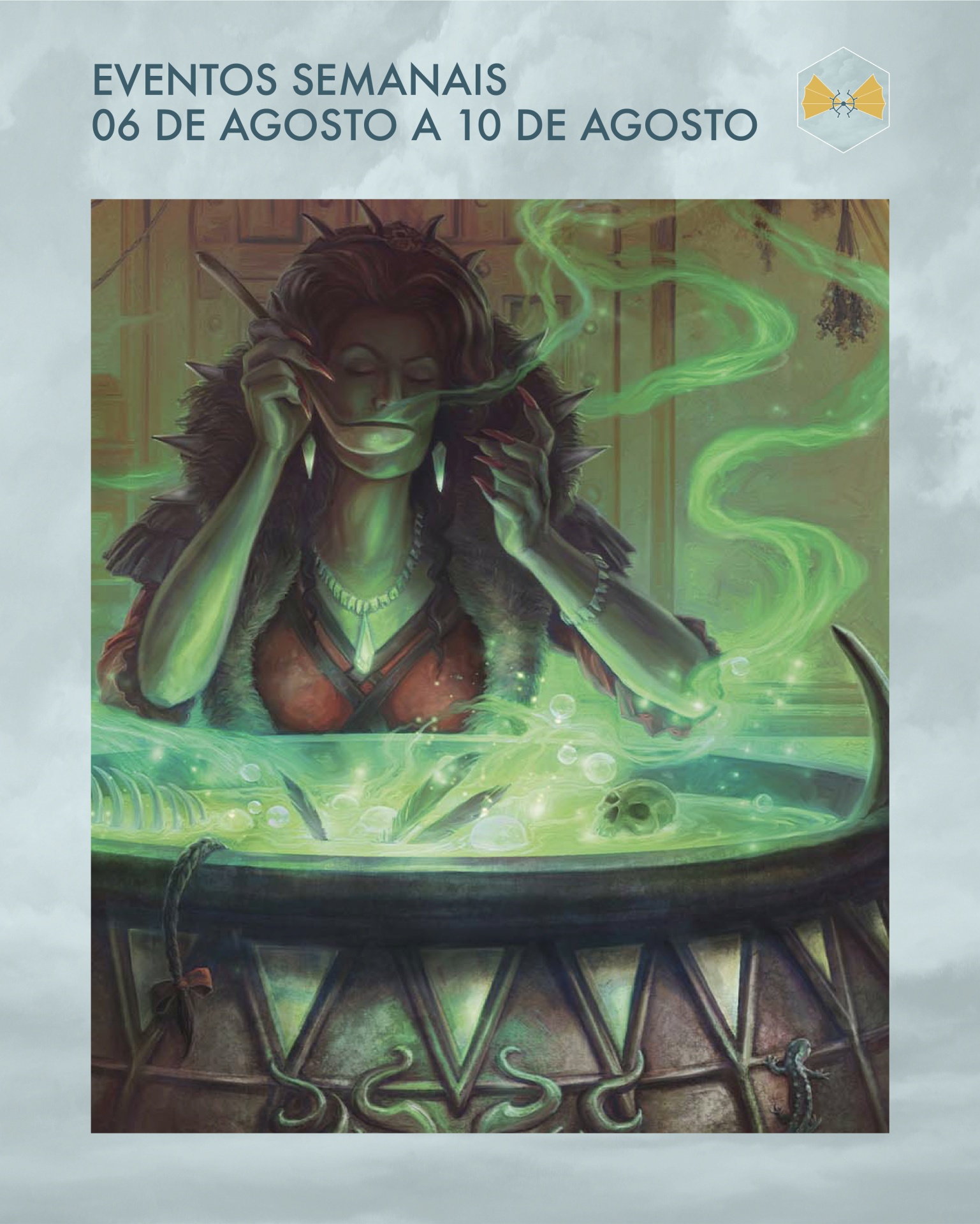 Mulher com colares diante de caldeirão verde fumegante, texto de eventos semanais em português.