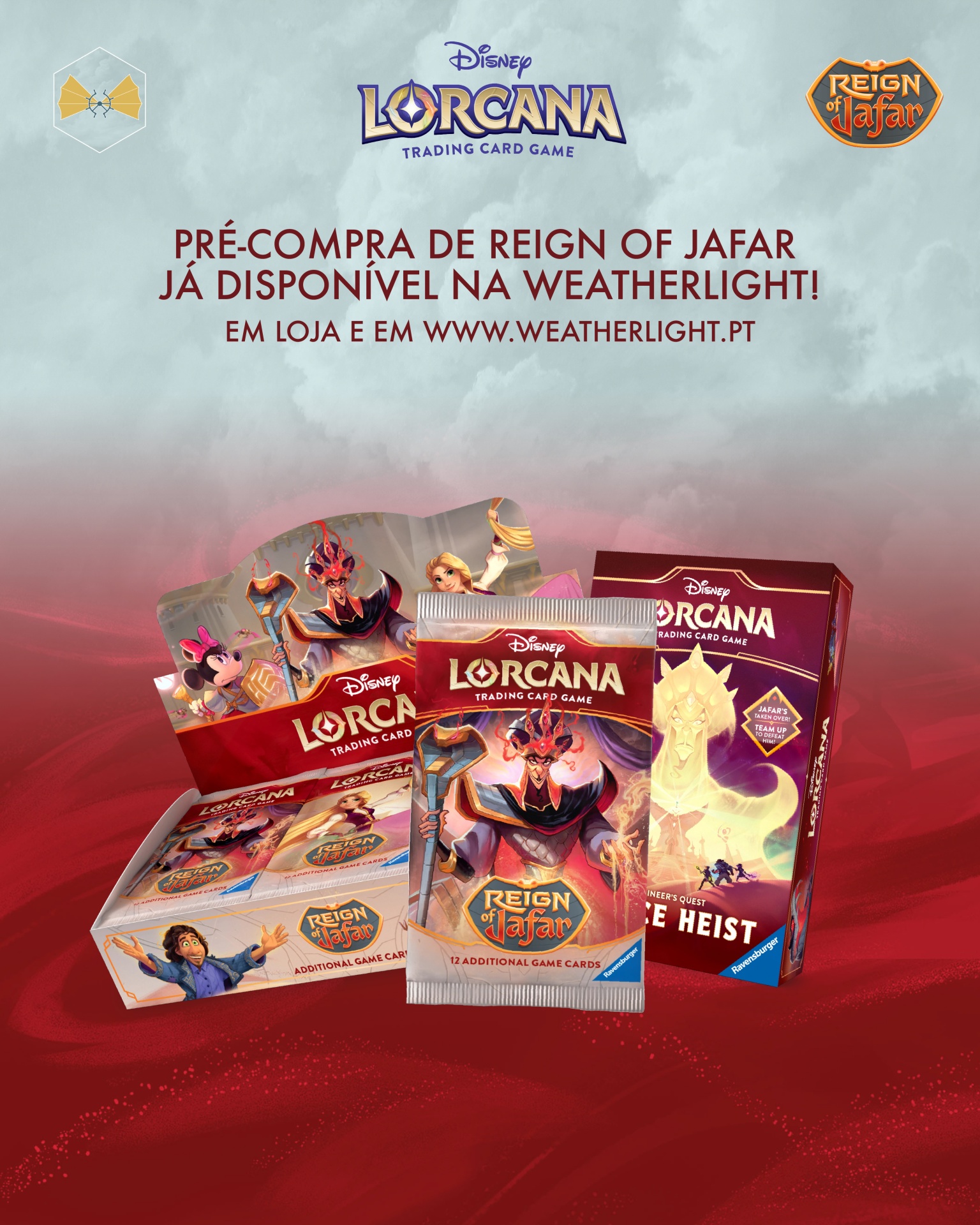 Promoção do jogo de cartas Disney Lorcana Reign of Jafar com pacotes e caixas do jogo