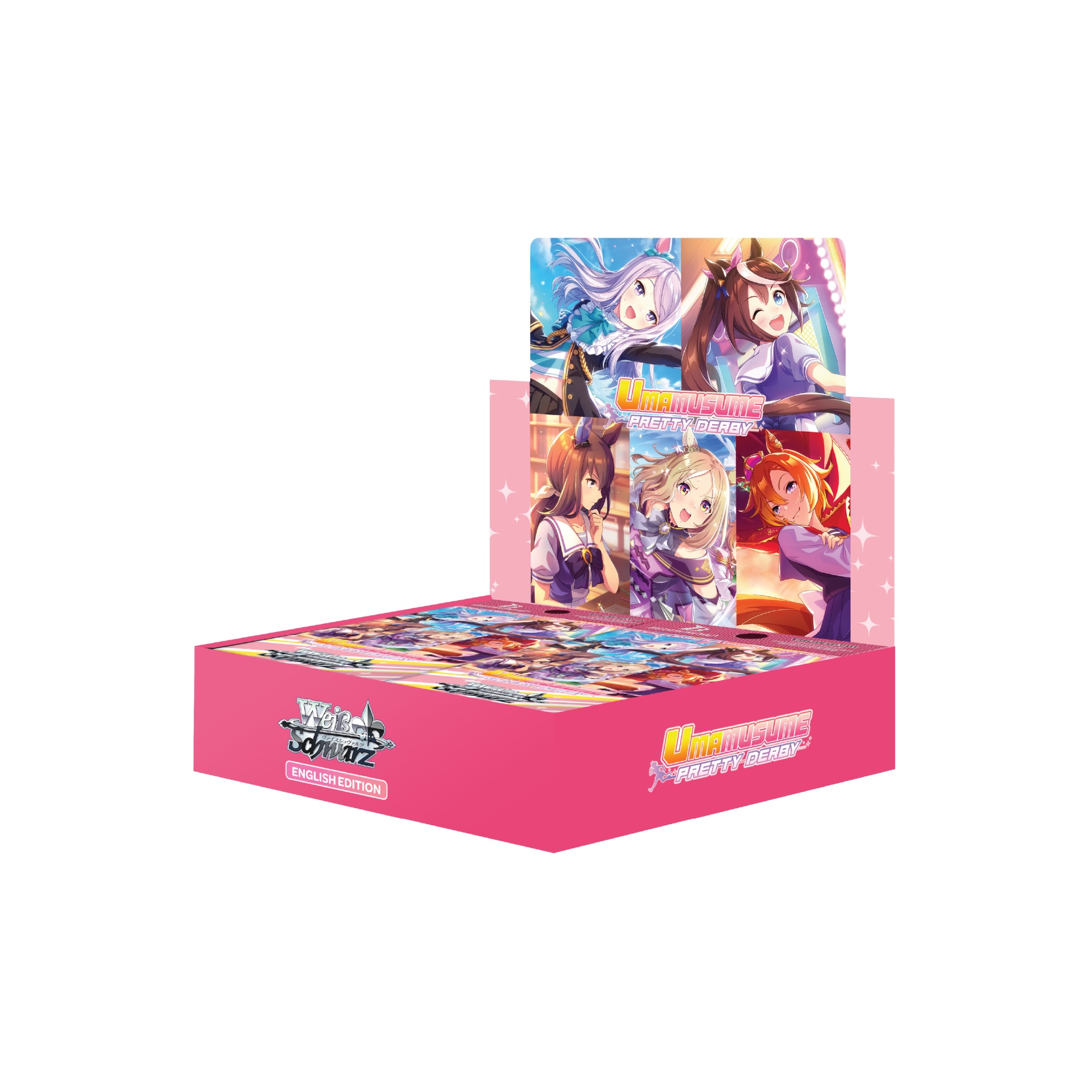 Weiß Schwarz: Umamusume: Pretty Derby - Booster Box - EN Expositor rosa de cartão de jogo Umamusume Pretty Derby com personagens animadas.