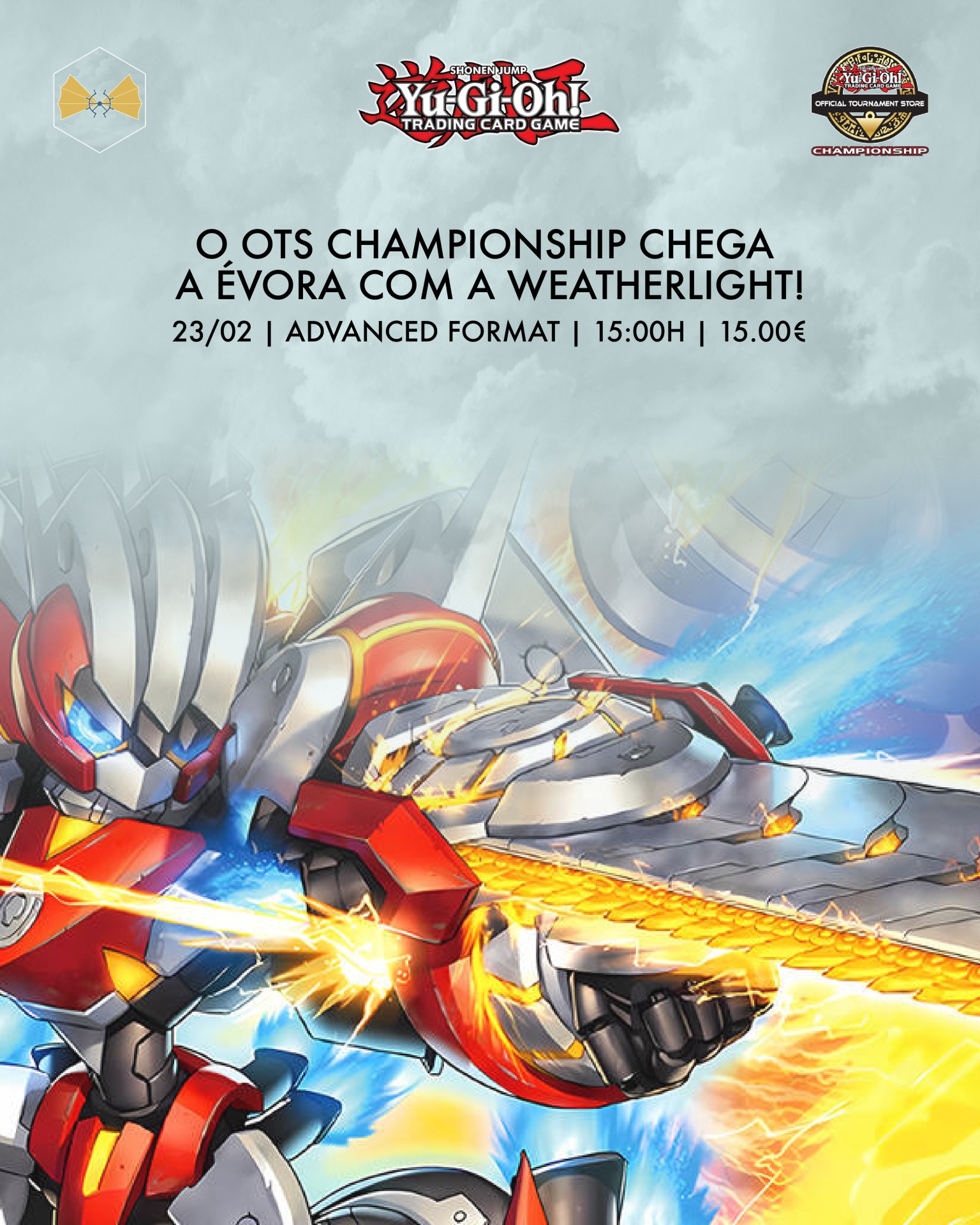Promoção Yu-Gi-Oh! OTS Championship com personagem robótico e detalhes do evento em português