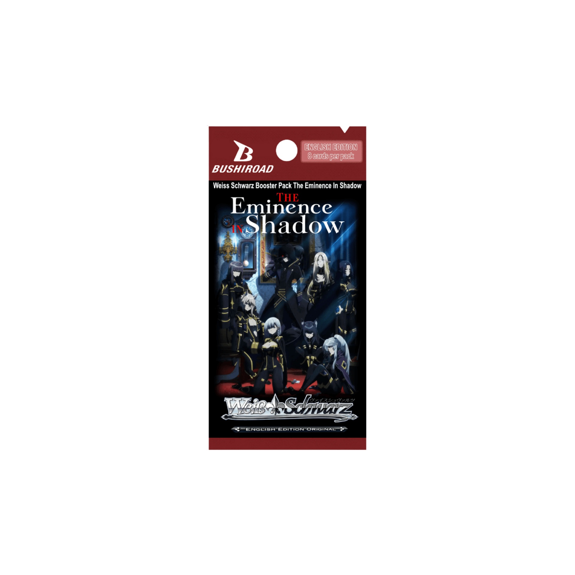 Weiß Schwarz: The Eminence in Shadow - Booster - EN Pacote booster Weiss Schwarz The Eminence In Shadow com personagens em uniforme preto e dourado.