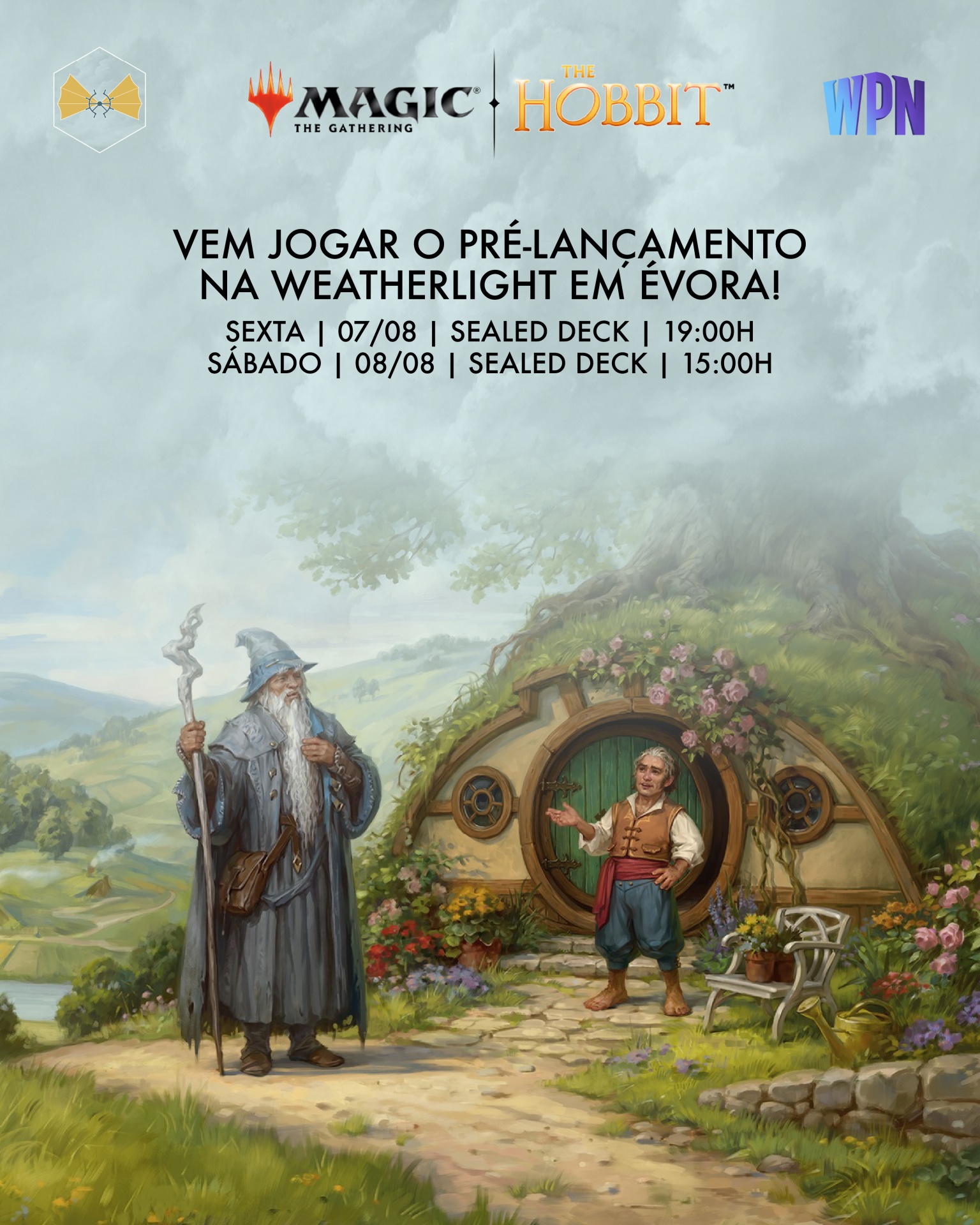 Cartaz promocional Magic The Gathering The Hobbit com texto e ilustração de personagens fantásticas