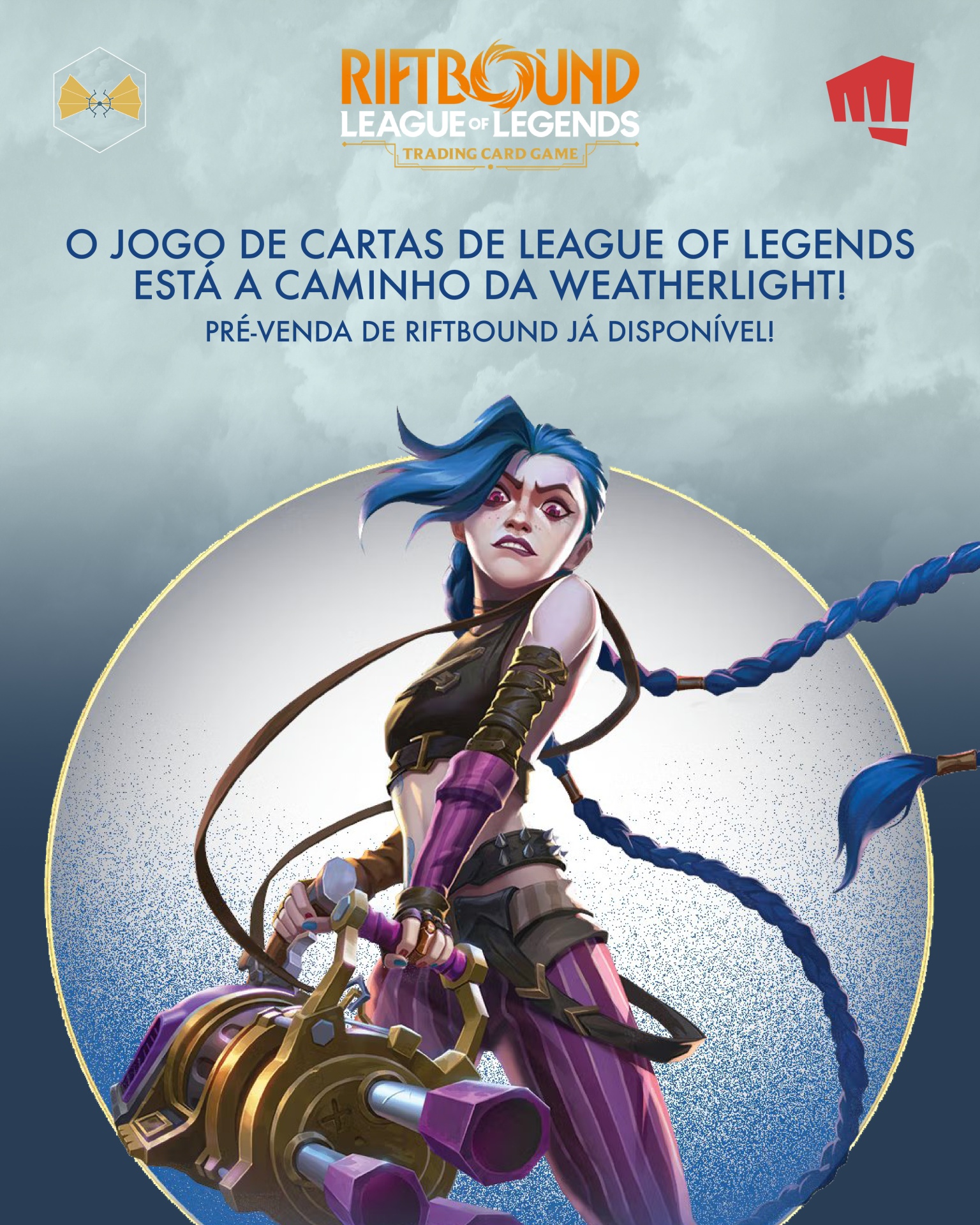 Promoção do jogo de cartas RIFTBOUND LEAGUE OF LEGENDS com personagem feminina segurando arma