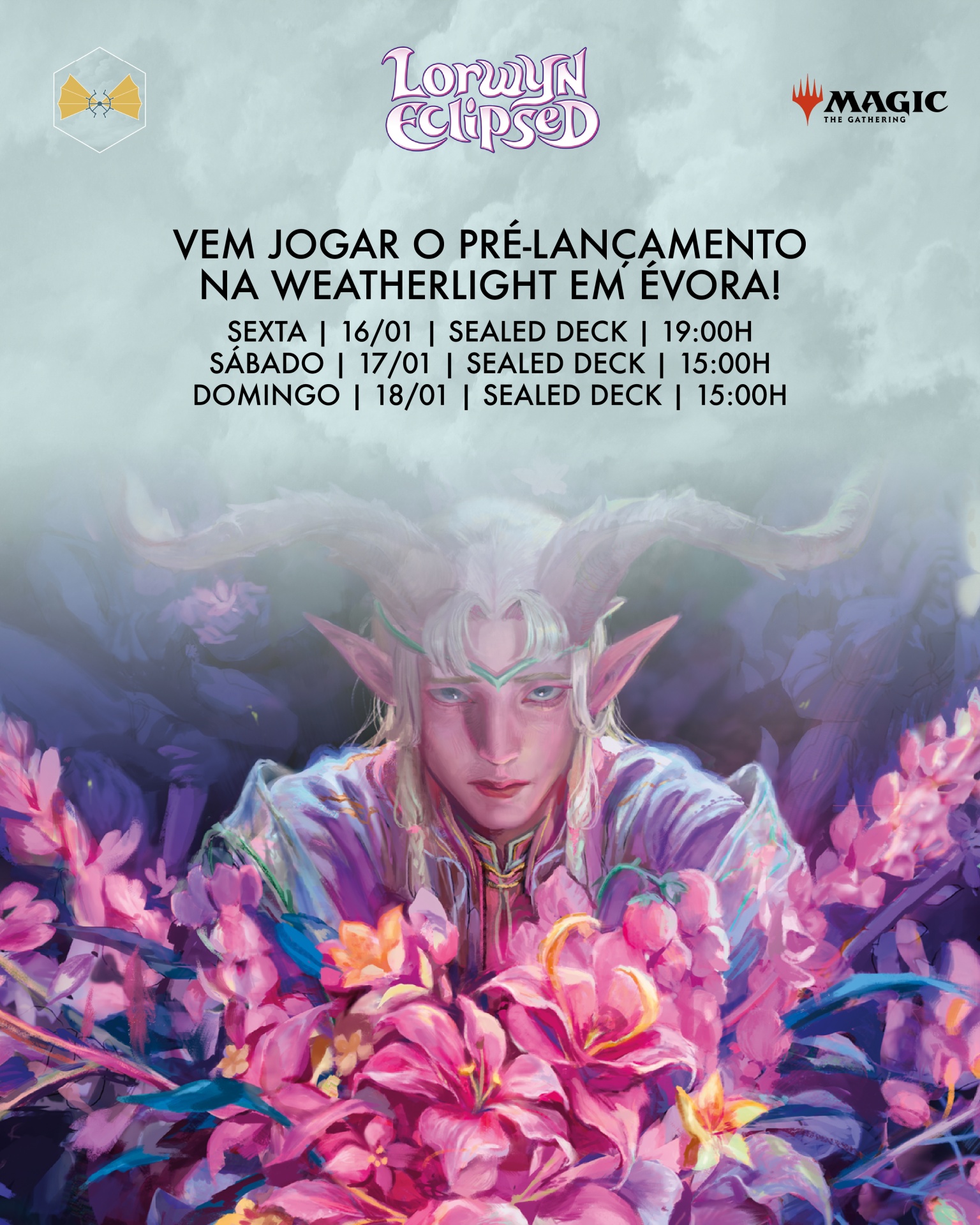 Cartaz promocional Lorwyn Eclipsed com personagem fantástico e flores cor-de-rosa