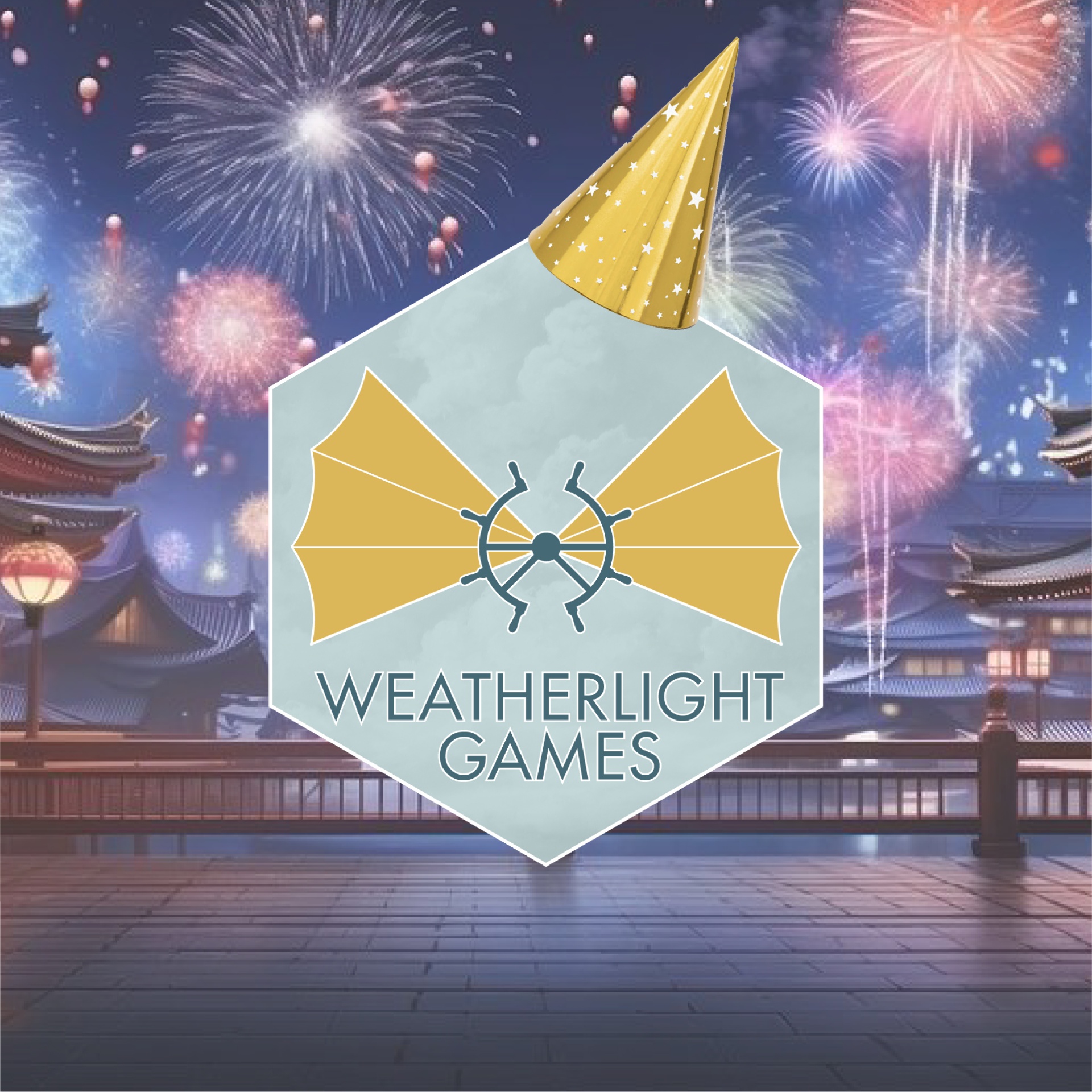 Logótipo da Weatherlight Games com asas douradas em escudo cinzento com cenário noturno e fogo de artifício