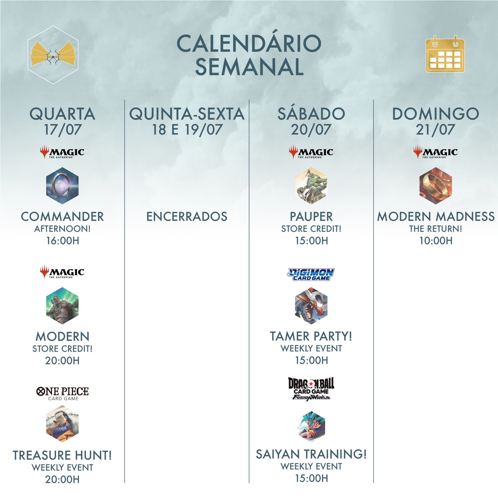 Calendário semanal de eventos de jogos de cartas com datas, nomes e horários