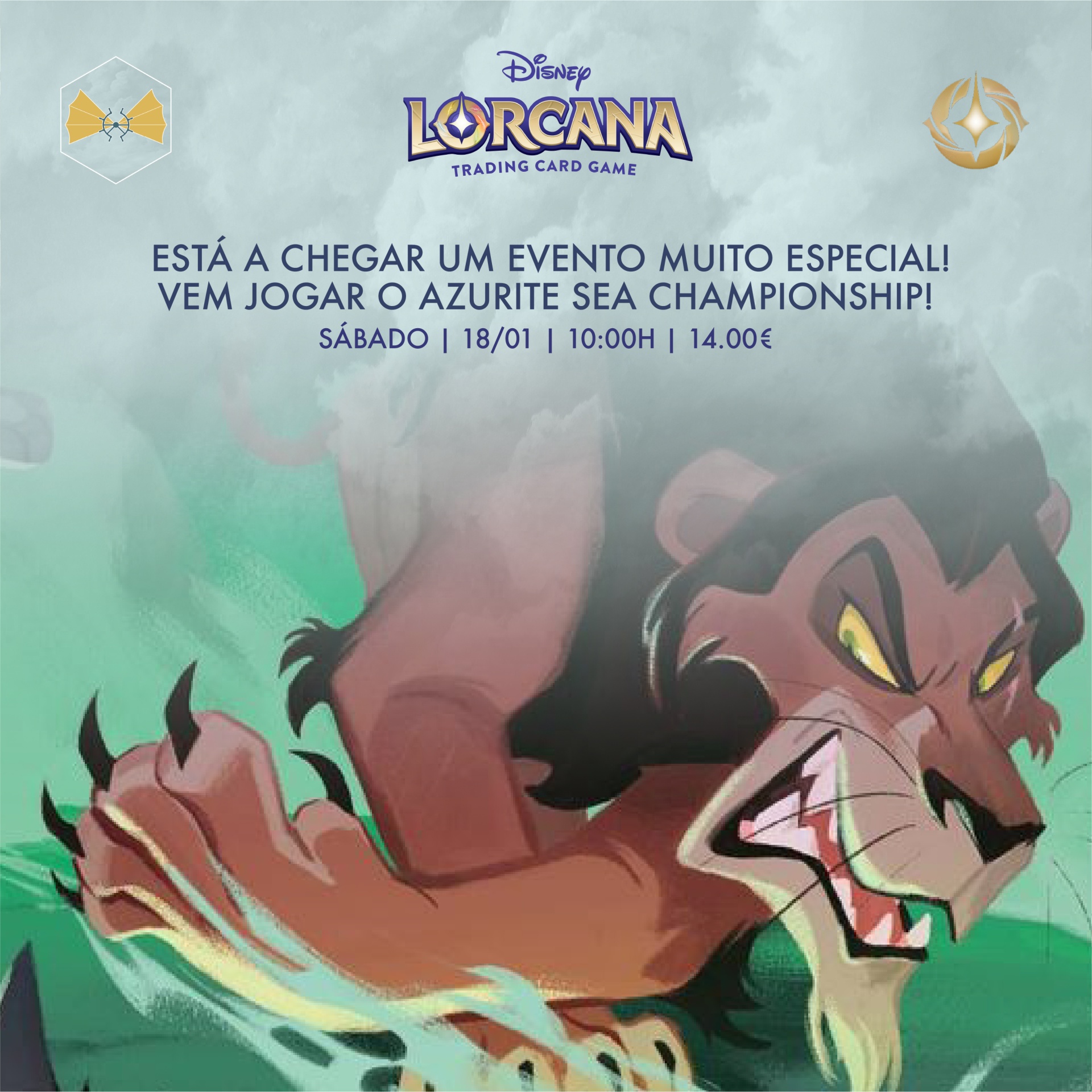 Cartaz promocional do jogo de cartas Disney LORCANA com leão feroz e texto sobre evento especial