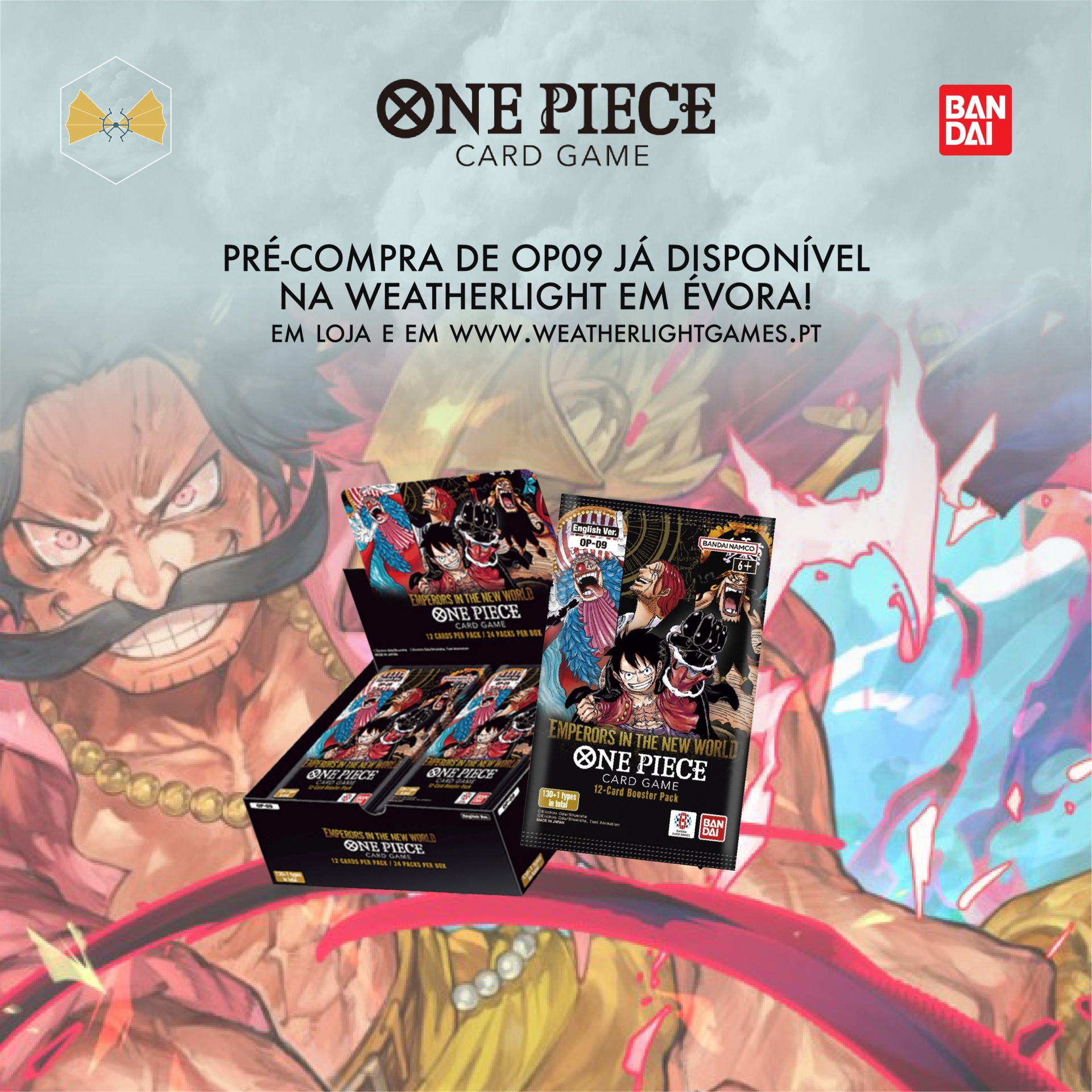 Pacotes de cartas One Piece Card Game da Bandai com texto promocional e fundo ilustrado