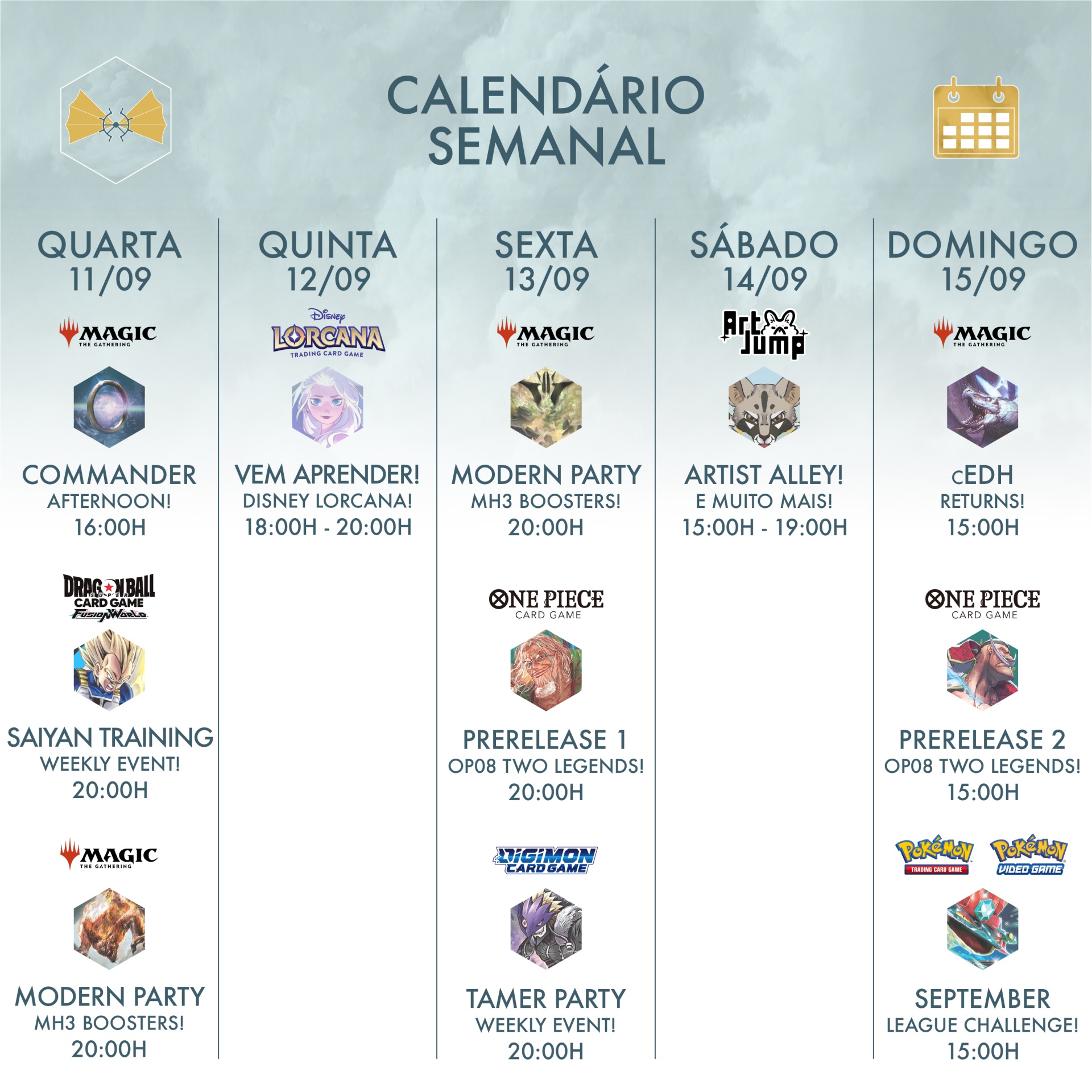 Calendário semanal de eventos de jogos entre 11 e 15 de setembro