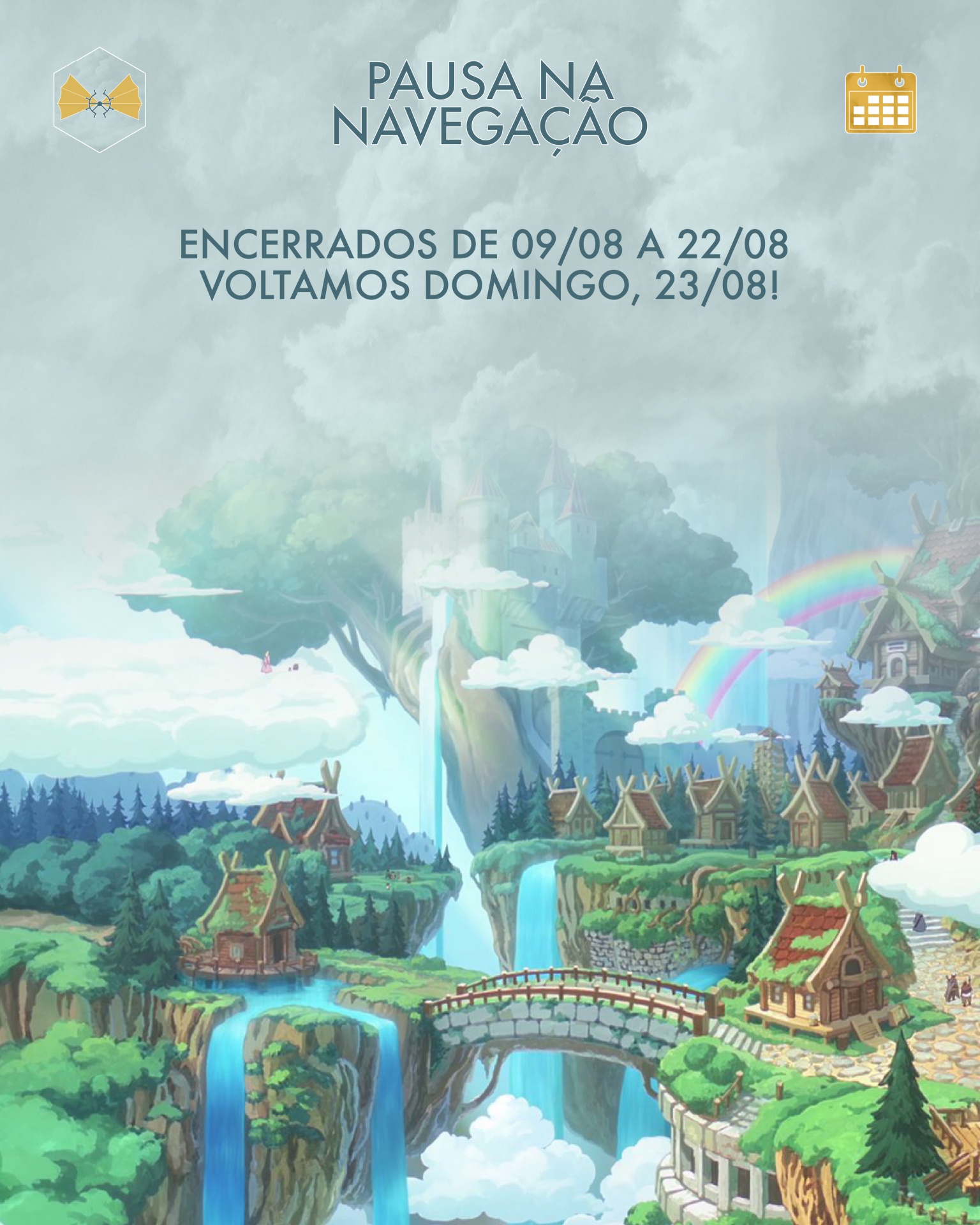 Cenário fantástico com casas, árvores, cascatas e texto de pausa na navegação