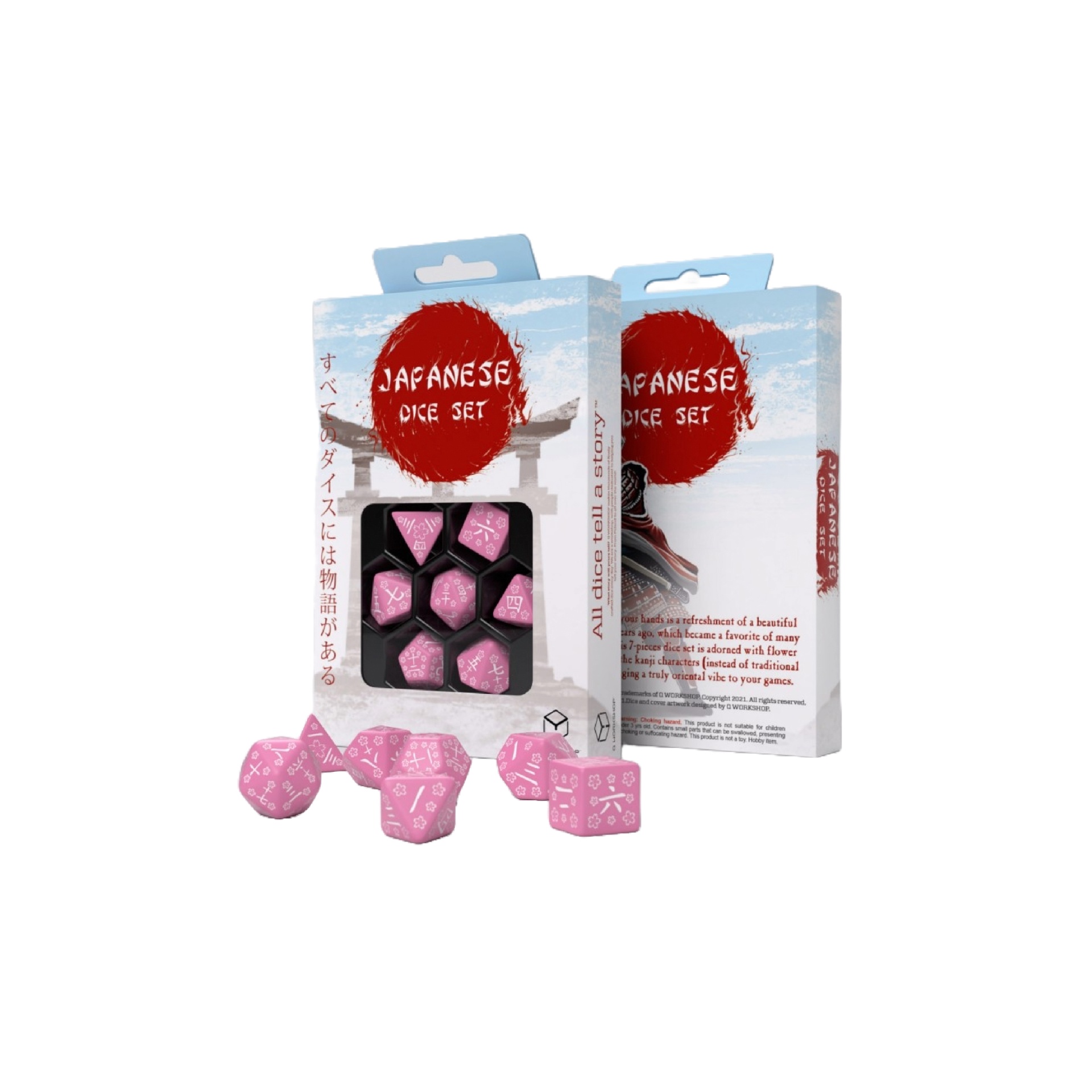 Q-workshop - Dice Set - Japanese - Sweet Spring Memory (7pcs) Conjunto de dados japonês em embalagem com dados rosas e símbolos kanji