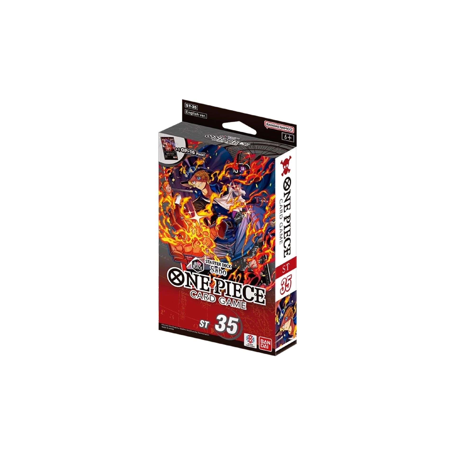One Piece Card Game: Starter Deck - RED/BLACK Sabo (ST-35) - EN Caixa de jogo de cartas ONE PIECE CARD GAME com ilustração de personagem de anime e elementos de fogo.