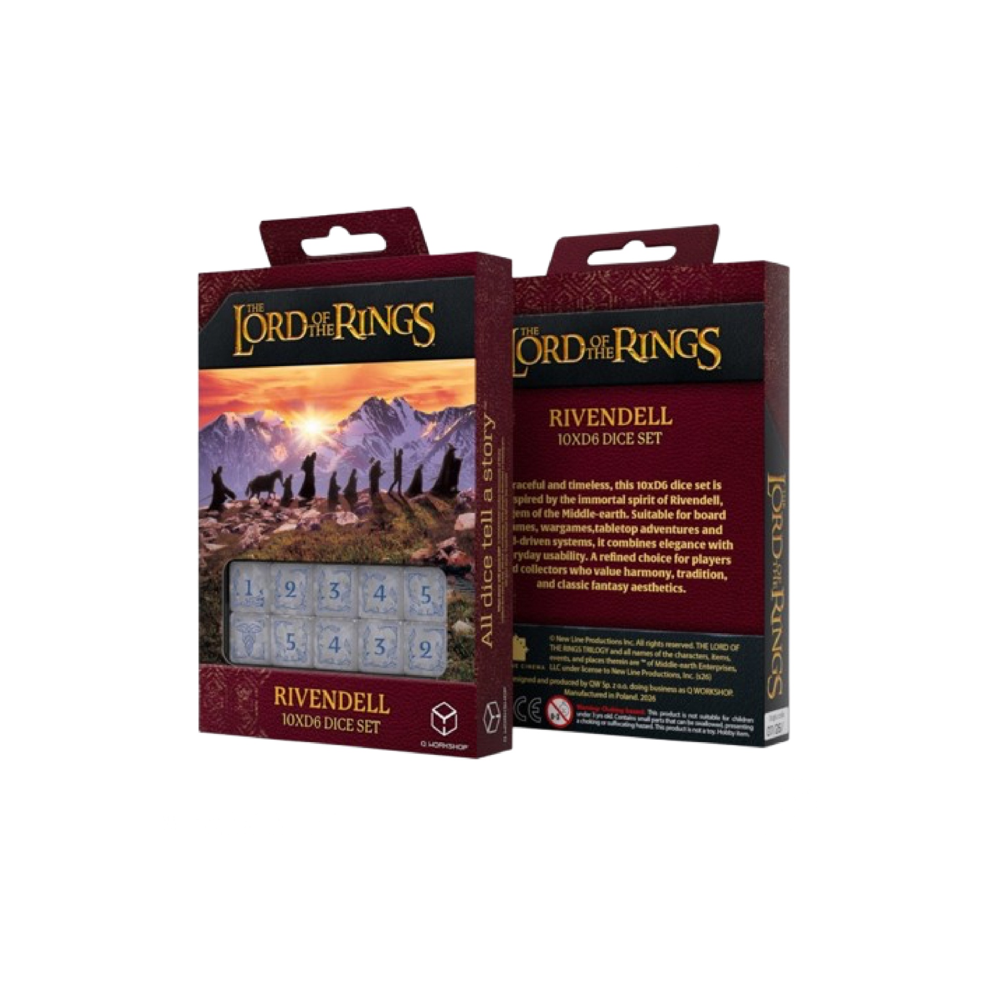 Q-workshop - 10xD6 Dice Set - The Lord of the Rings: Rivendell - Stone (10pcs) Caixa de conjunto de dados The Lord of the Rings Rivendell 10xD6, com imagem de paisagem montanhosa e personagens em silhueta.