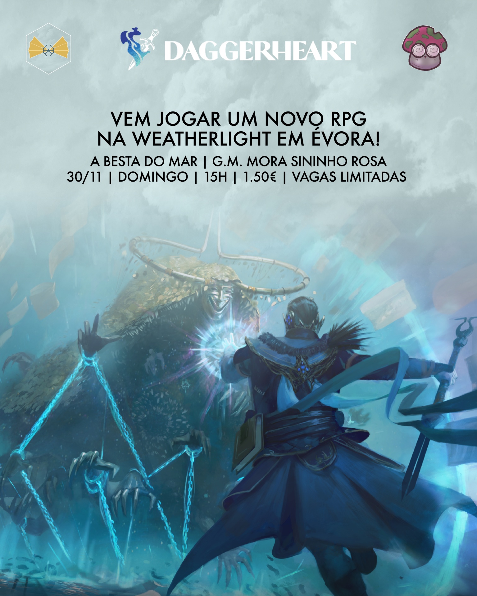 Cartaz promocional de RPG com texto e imagem de combate fantástico em azul