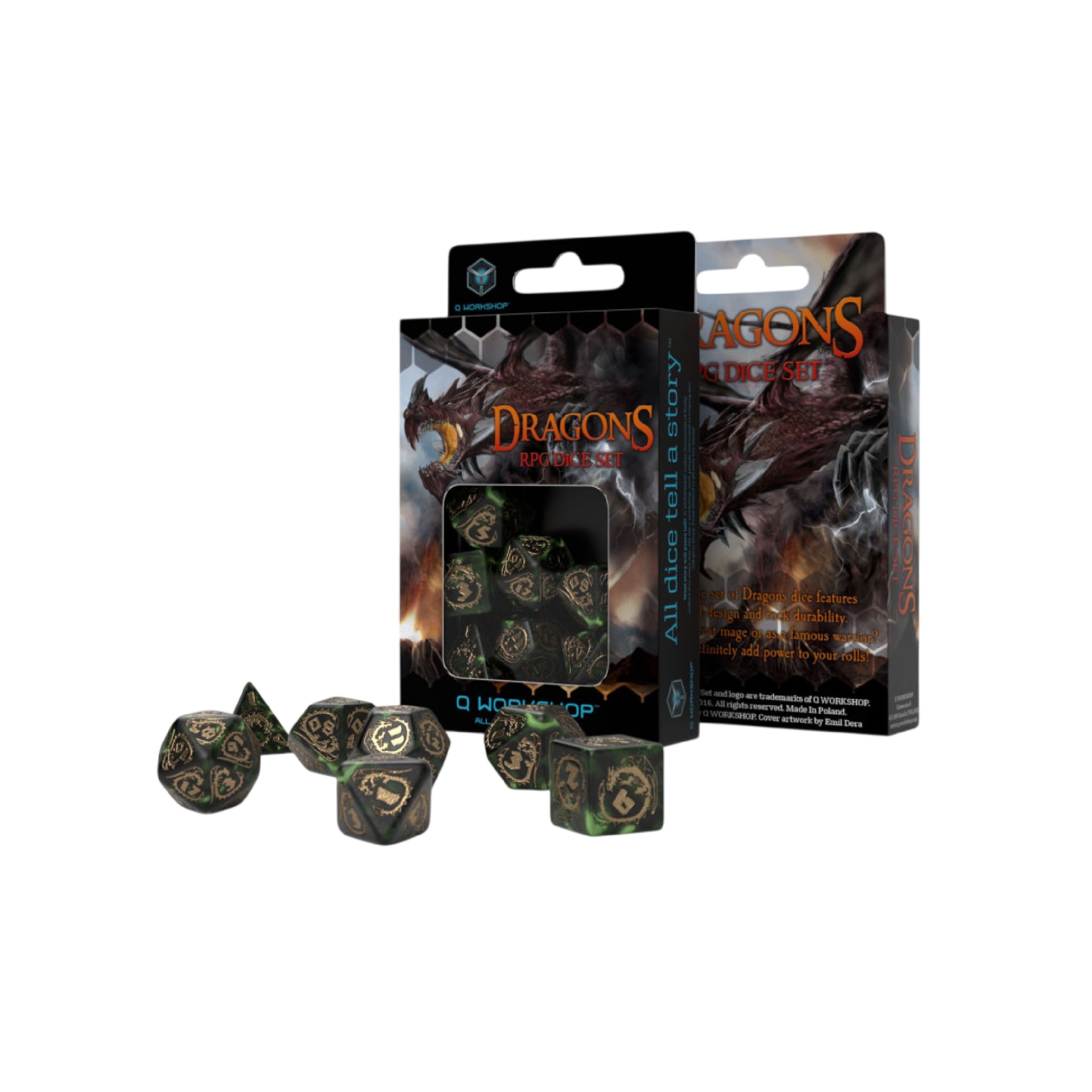 Q-workshop - Dice Set - Dragons - Nephrite (7pcs) Conjunto de dados RPG Dragons com embalagem e dragão vermelho