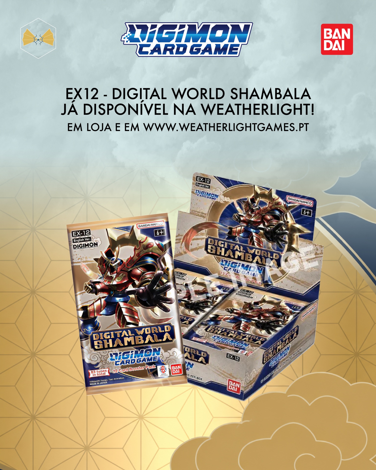 Pacote de cartas Digimon EX-12 Digital World Shambala com personagem robótico e caixa com vários pacotes