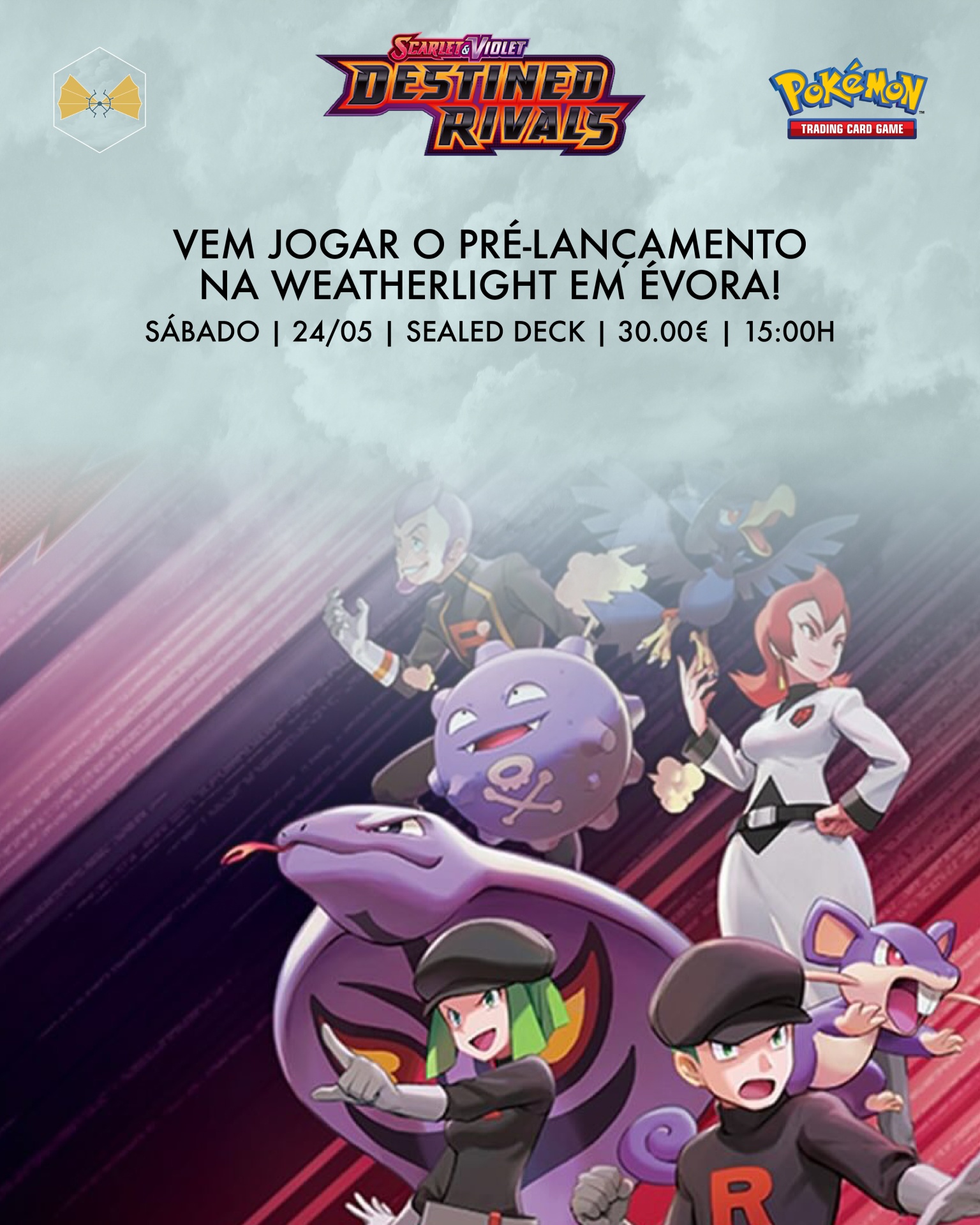 Cartaz promocional do jogo Pokémon Scarlet & Violet: Destined Rivals para evento em Évora