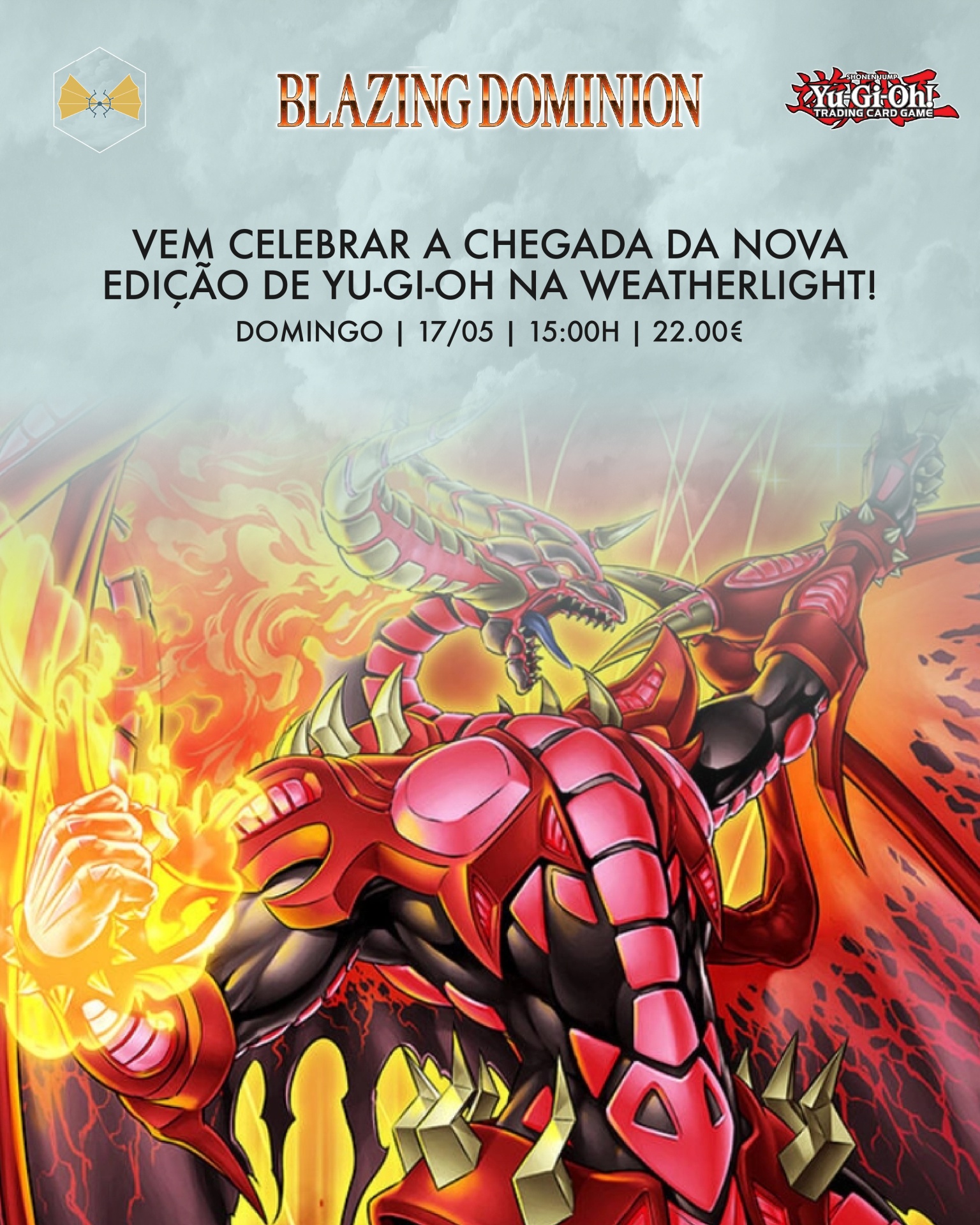 Cartaz promocional Yu-Gi-Oh com dragão vermelho e texto do evento