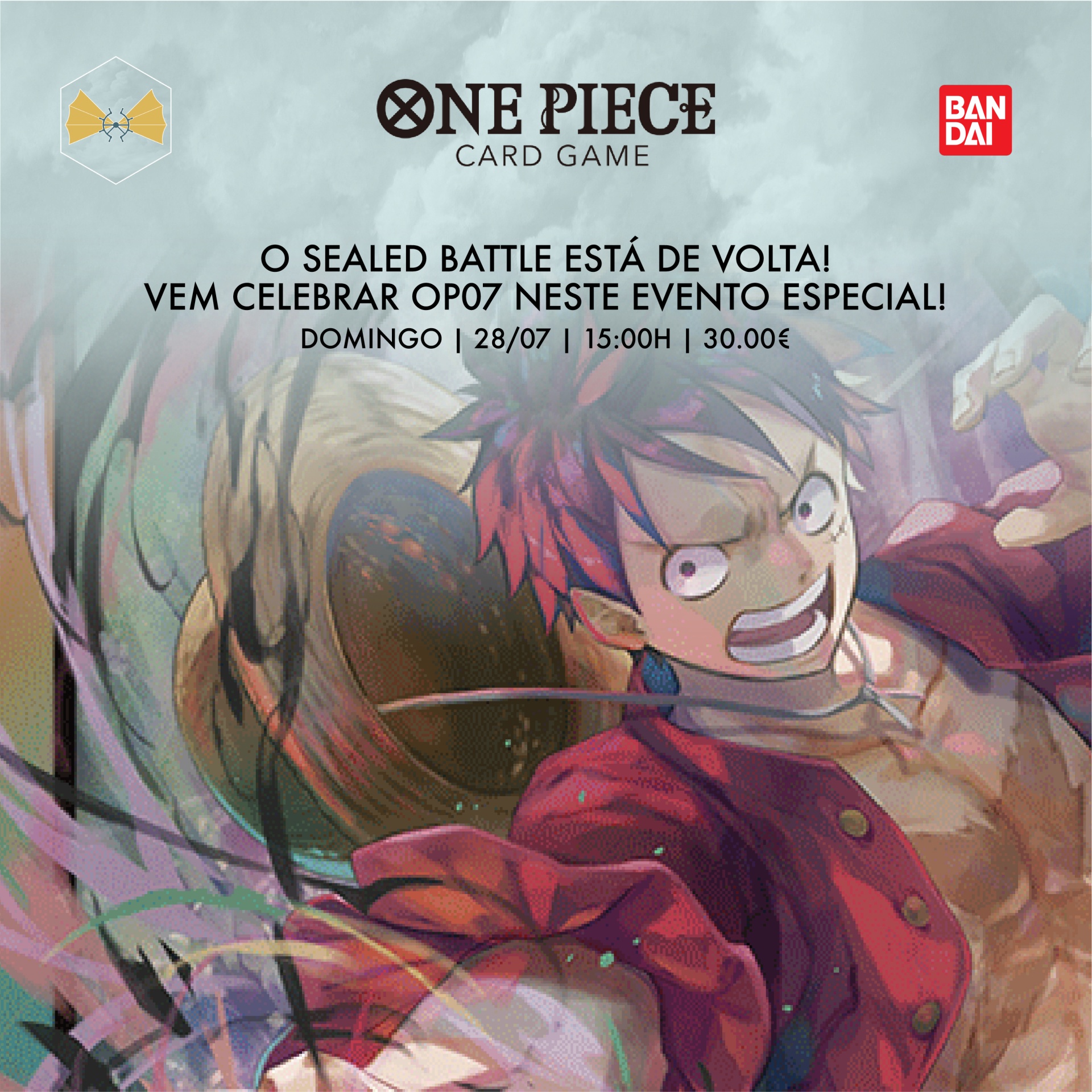 Cartaz do jogo One Piece Card Game com imagem animada e texto de evento