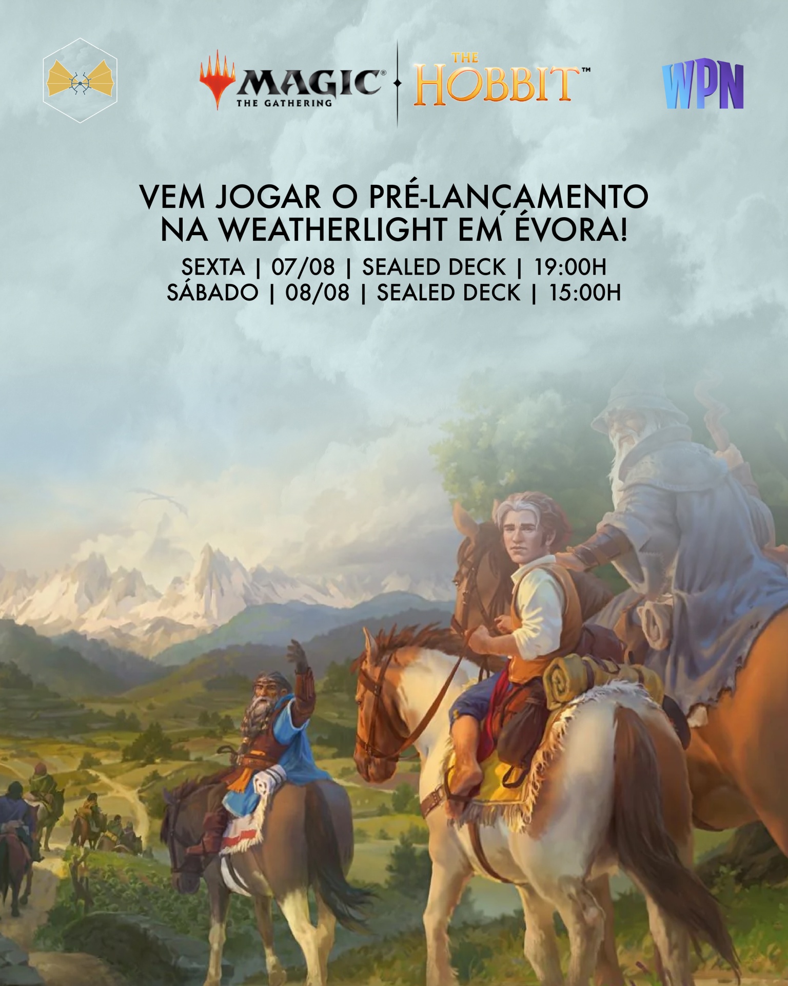 Arte promocional Magic The Gathering The Hobbit com texto de evento em Évora 07 e 08/08