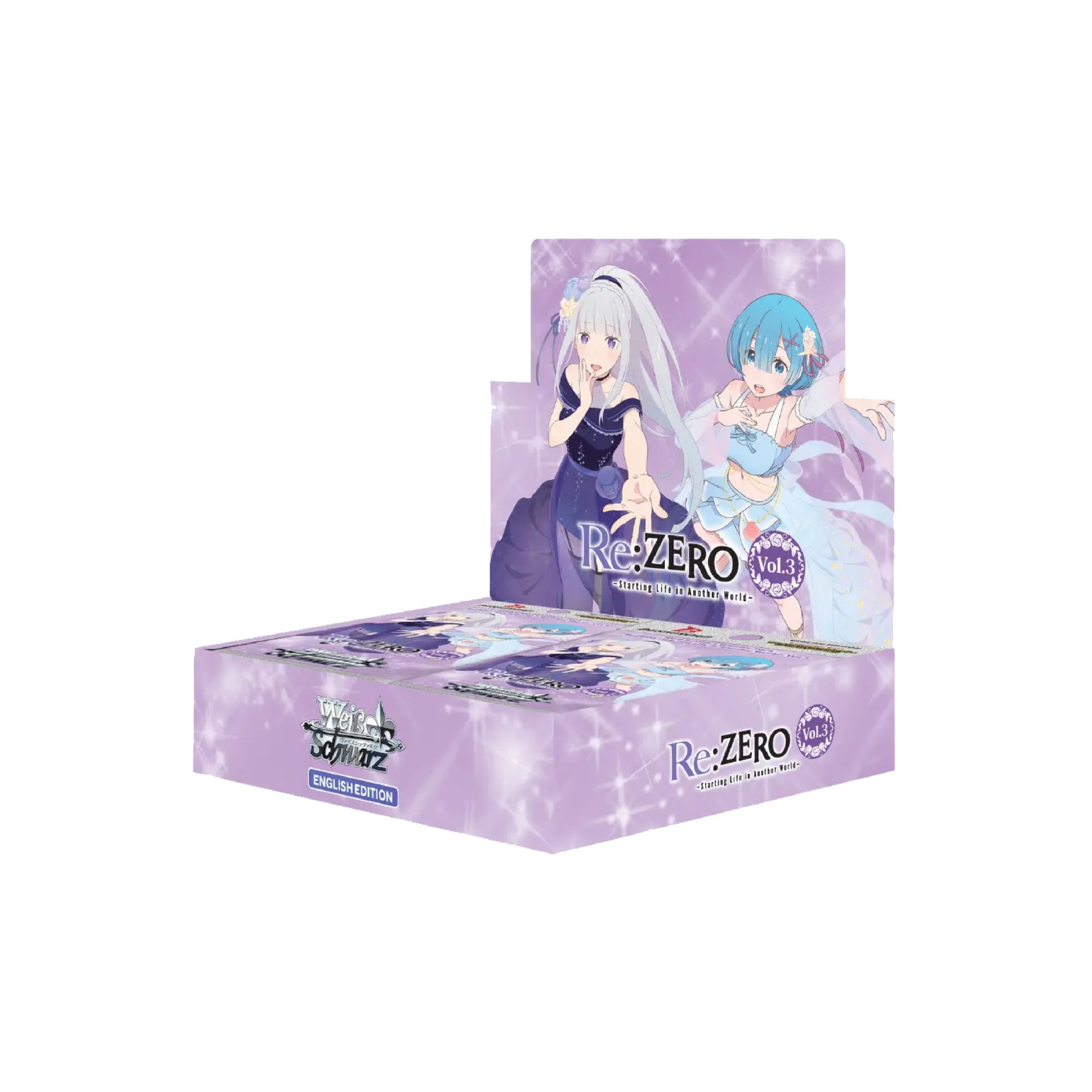Weiß Schwarz: Re:ZERO - Starting Life in Another World - Vol.3 - Booster Box - EN Caixa de cartas colecionáveis Weiss Schwarz Re:ZERO Vol. 3 com duas personagens femininas em vestido lilás.